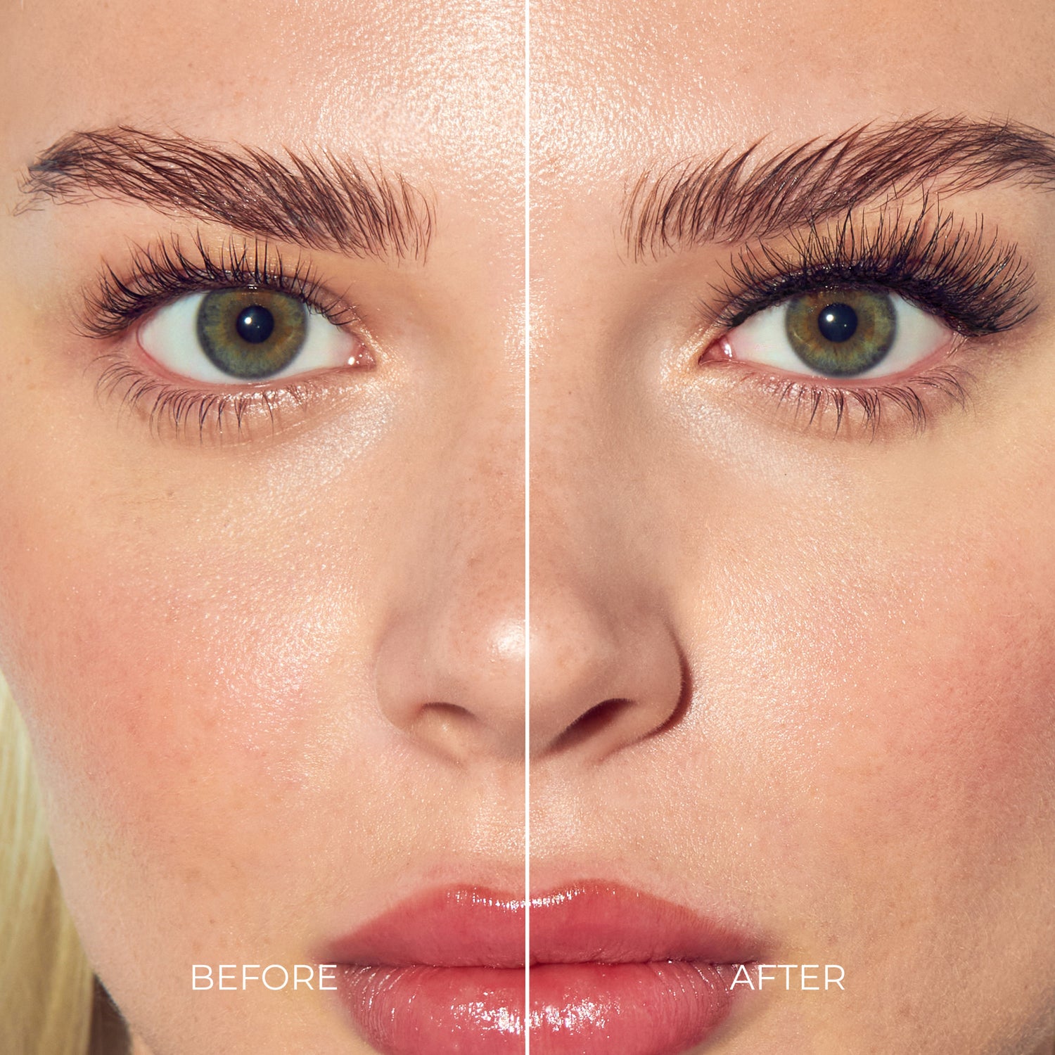 Before/after makeup comparison showing eyebrow and eyelash enhancement results