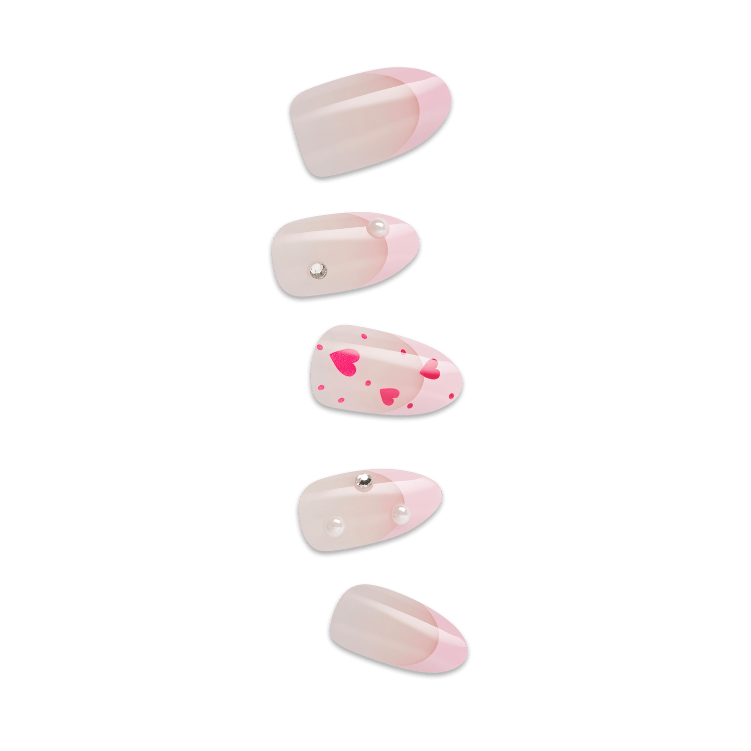 Five pink and nude nail designs with rhinestones and heart patterns displayed vertically.