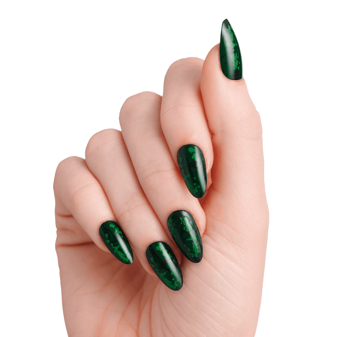 Hand with almond-shaped press-on nails in deep green with black marbled pattern, shown against a transparent background.