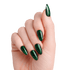 Hand with almond-shaped press-on nails in deep green with black marbled pattern, shown against a transparent background.
