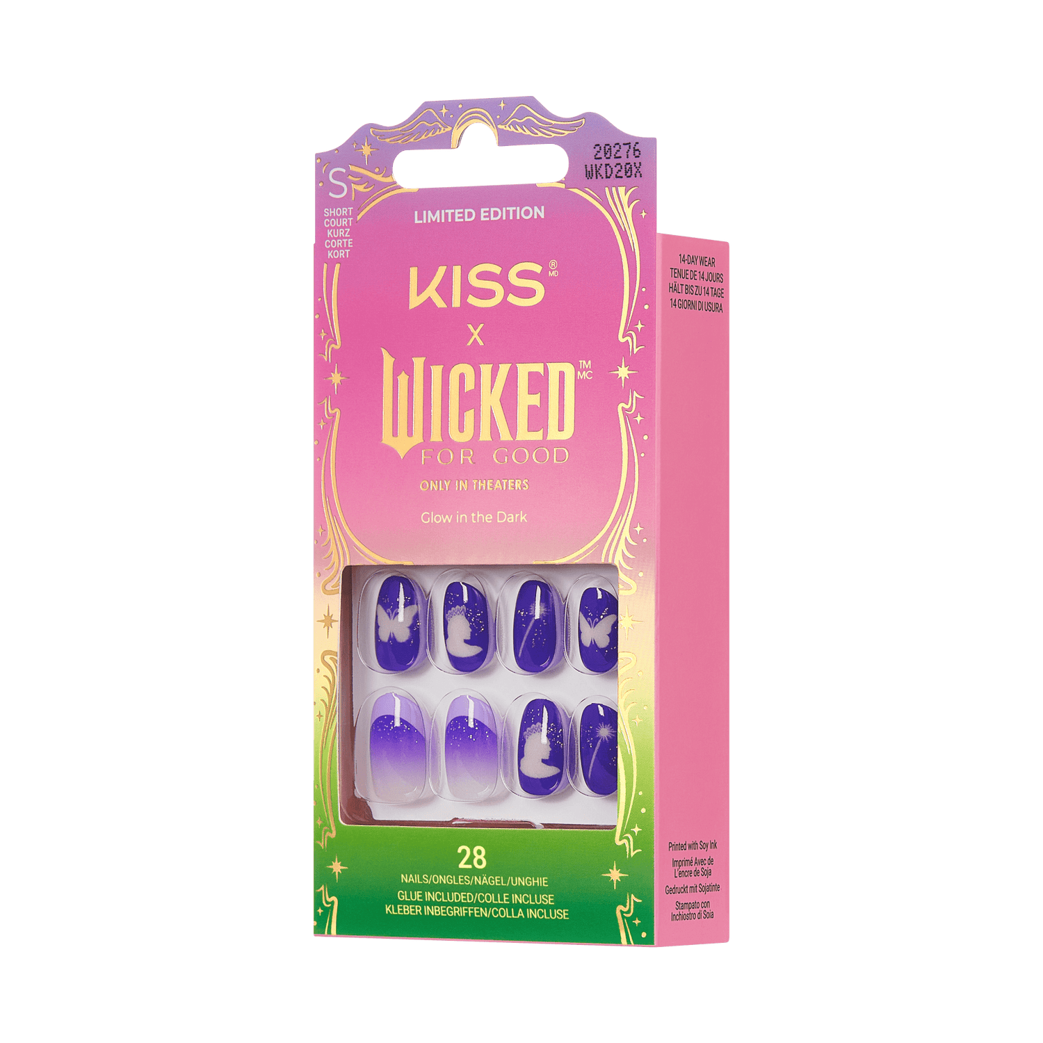 Limited edition KISS x Wicked For Good glow-in-the-dark short press-on nails set with 28 nails, featuring purple gradient and white magical designs.