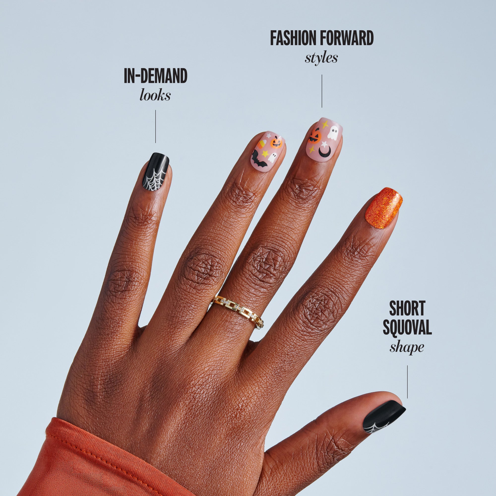 Kiss Haunt Halloween Press On Fake Glue Nails - Fangs for the Memories | Design, Orange &amp; Black, Short, Squoval, Glow In The Dark