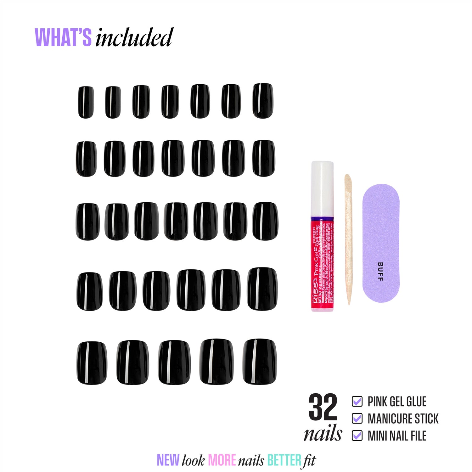 32 black press-on nails with pink gel glue, manicure stick, and mini nail file included.