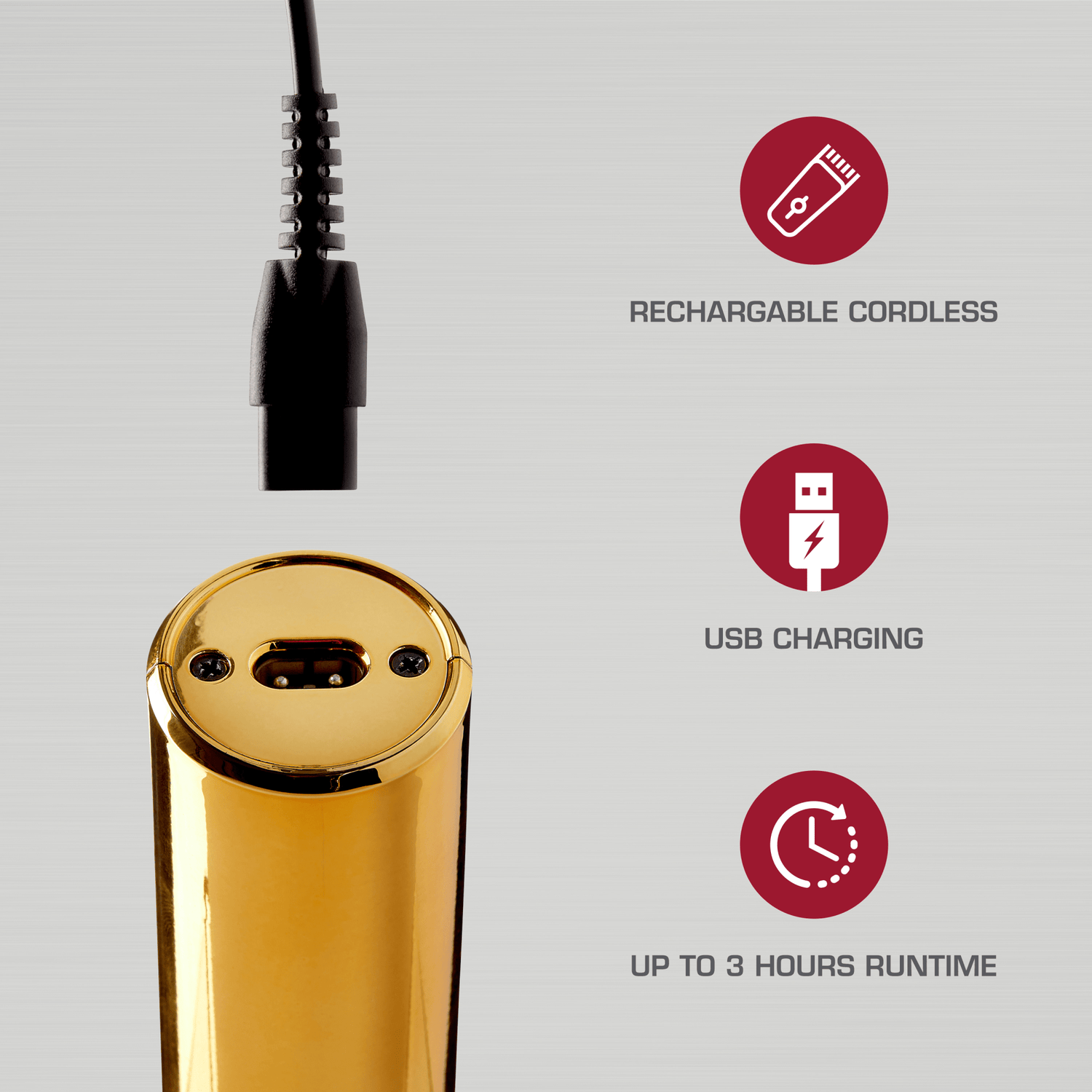 Close-up of the gold cordless hair clipper’s charging port with a USB charging cable above it. Text highlights rechargeable cordless, USB charging, and up to 3 hours runtime.
