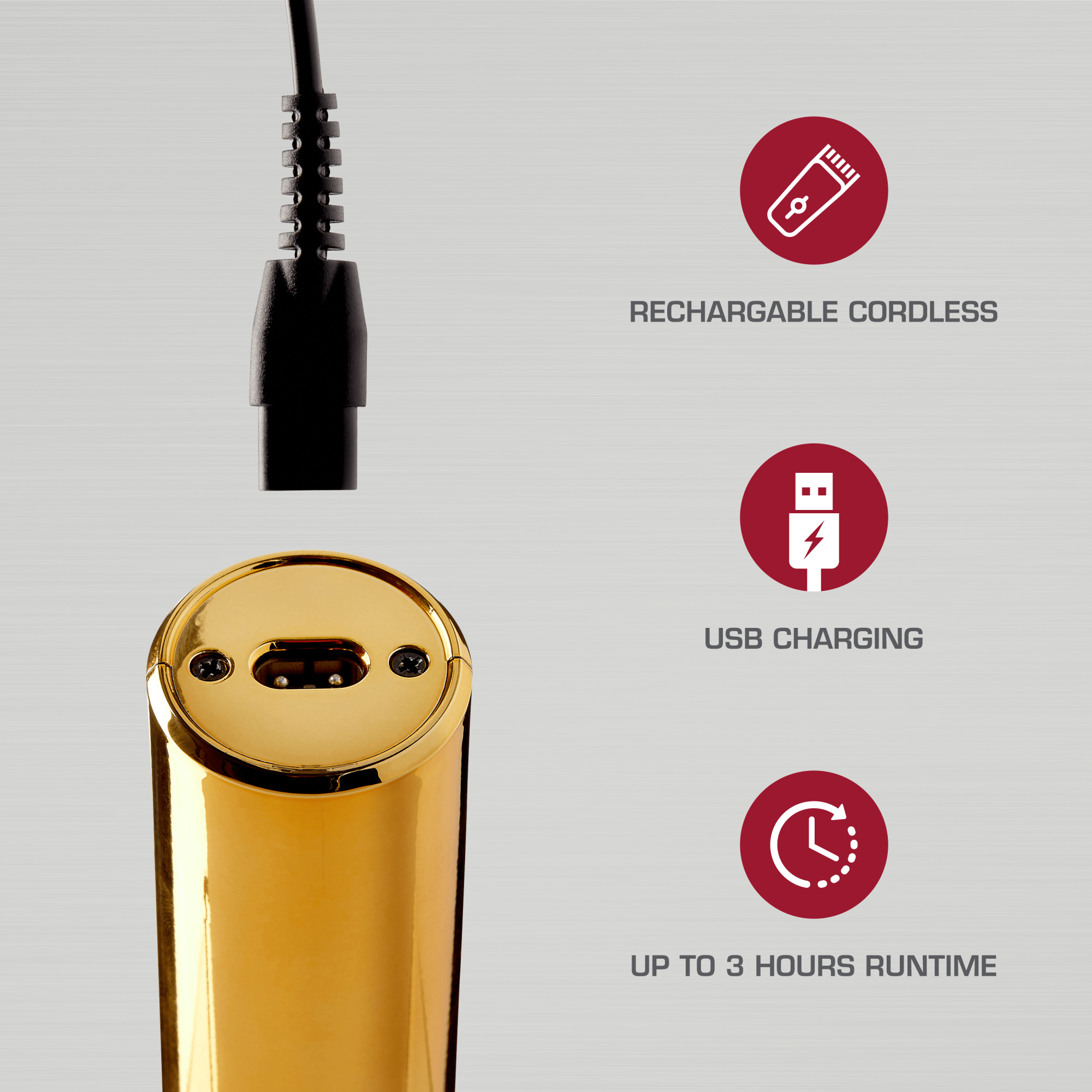 Close-up of the gold cordless hair clipper’s charging port with a USB charging cable above it. Text highlights rechargeable cordless, USB charging, and up to 3 hours runtime.