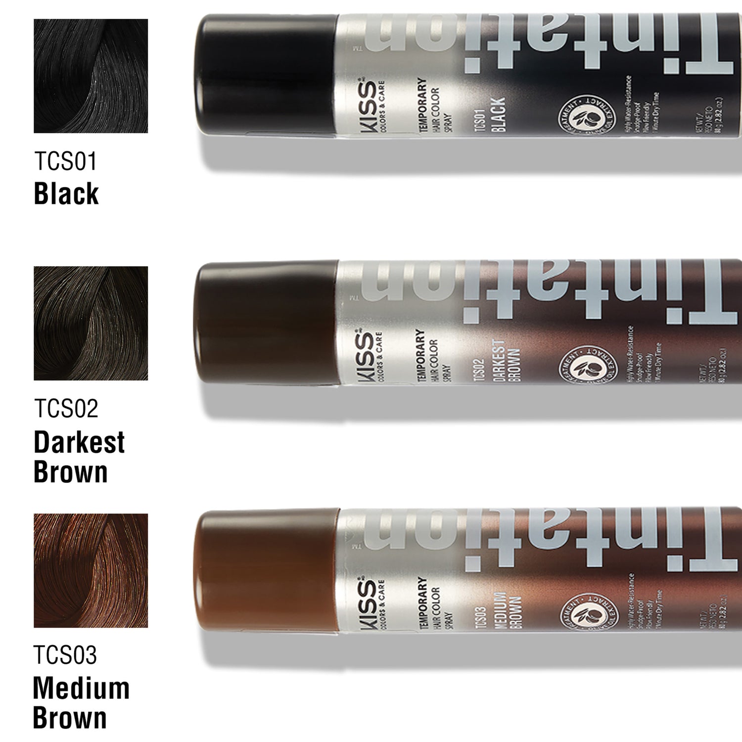 Three horizontal spray cans of KISS Colors &amp; Care Temporary Hair Color in shades Black, Darkest Brown, and Medium Brown with corresponding hair color swatches on the left.