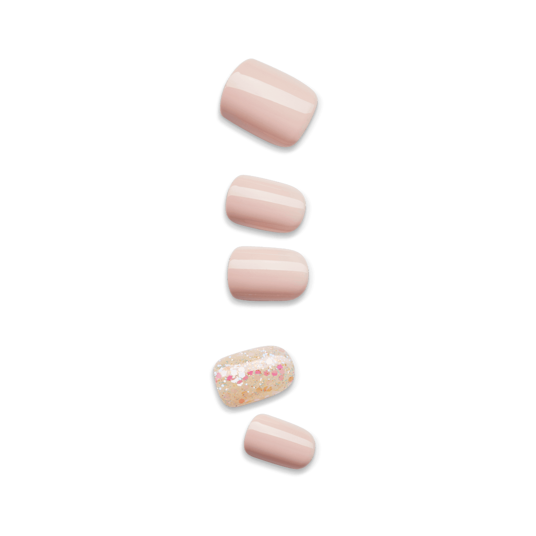 Set of five press-on nails in soft nude pink with one accent nail featuring a translucent base and multi-colored glitter specks.