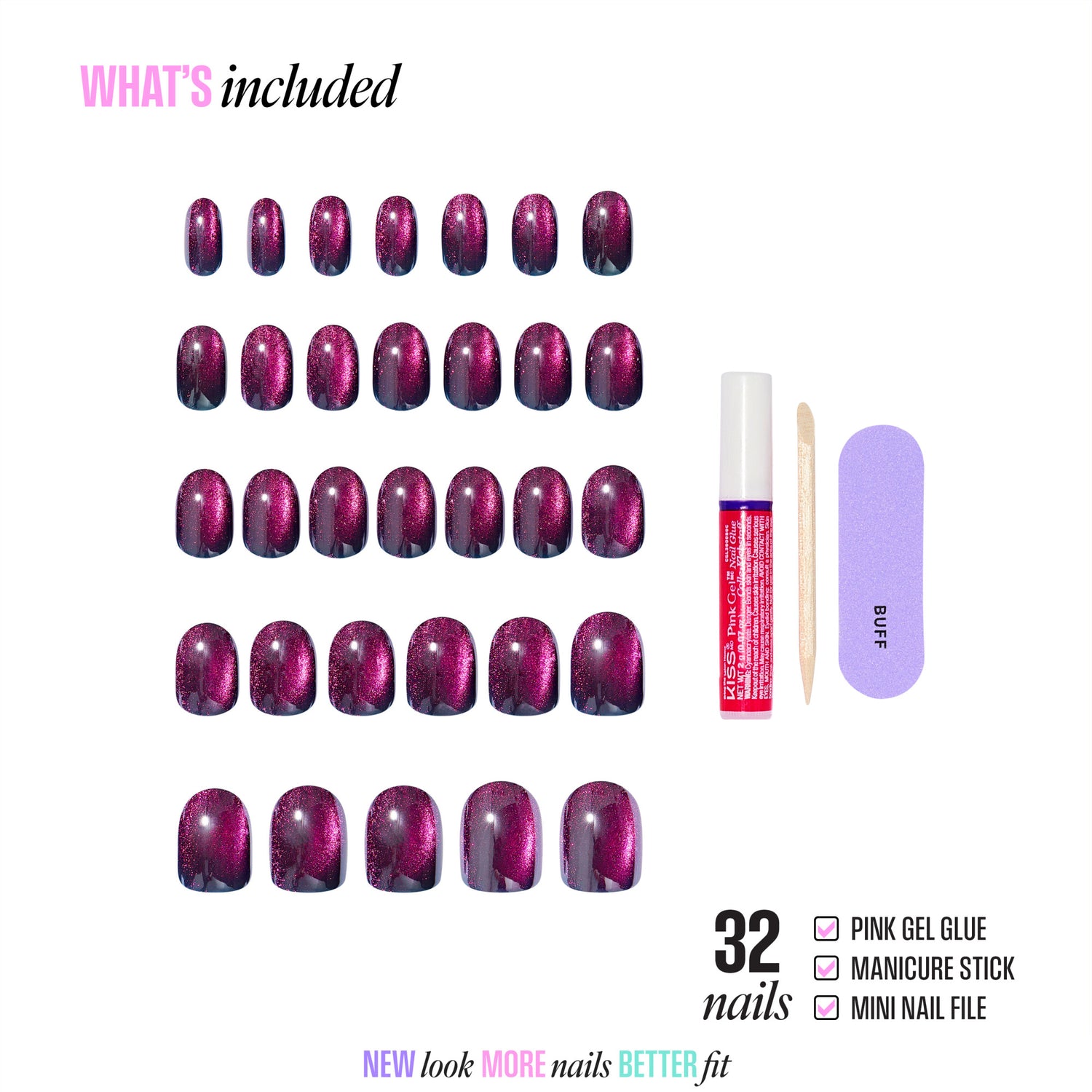 32 purple glitter press-on nails with gel glue, manicure stick, and nail file included.