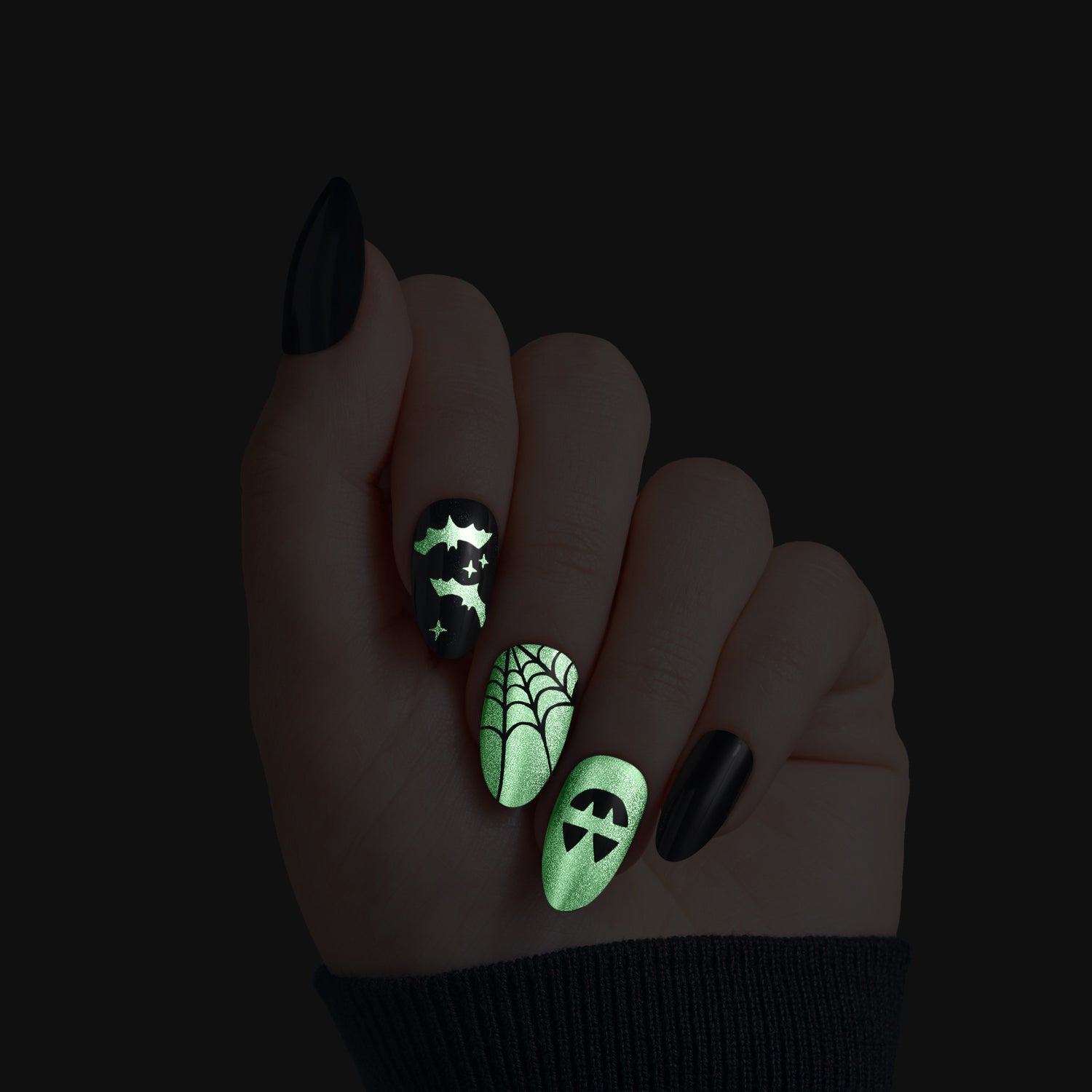 Kiss Haunt Halloween Press On Fake Glue Nails - Vamp It Up | Design, Black, Medium, Almond, Glow In The Dark