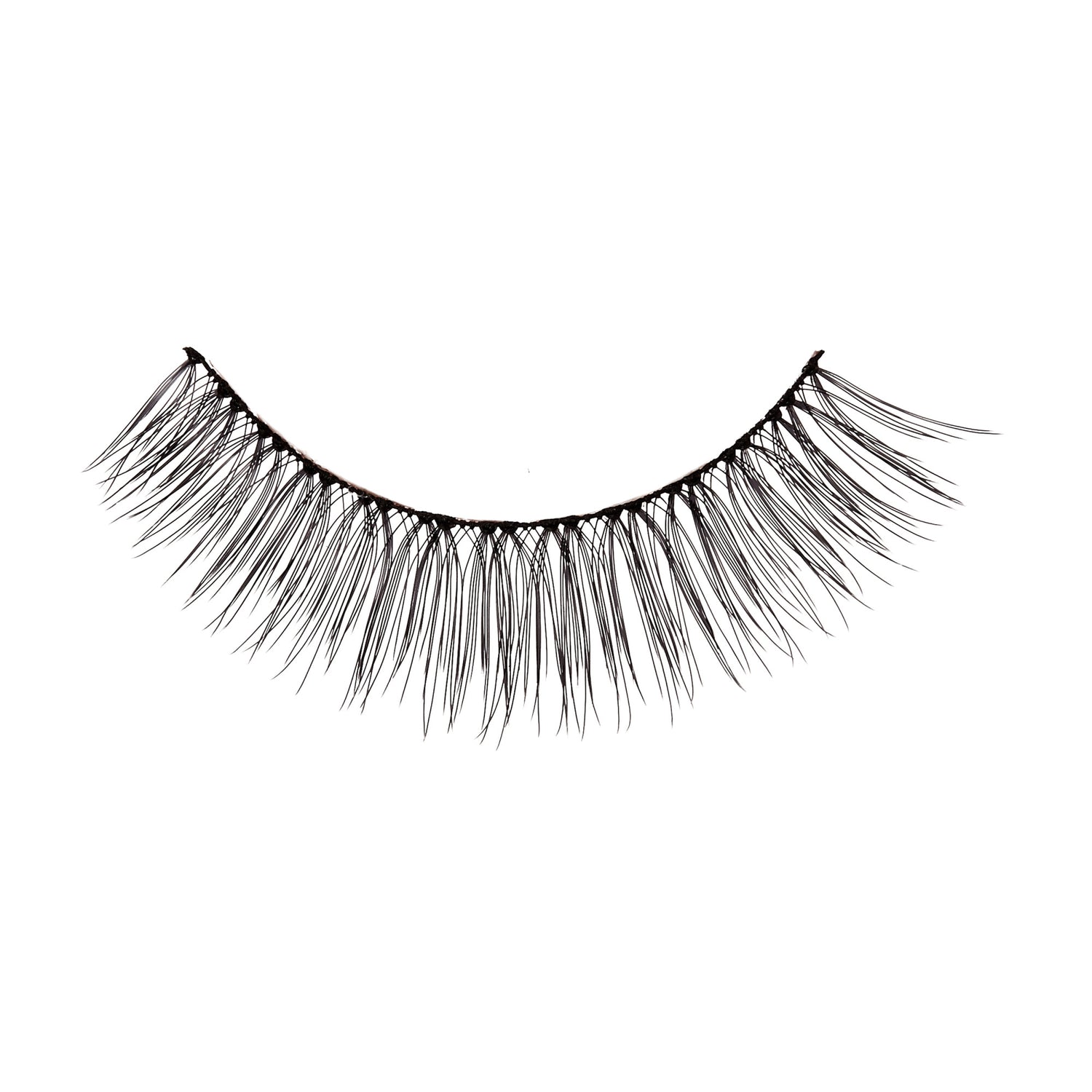 Single strip of delicate black false eyelashes with a thin band, designed for a natural look, shown against a white background.