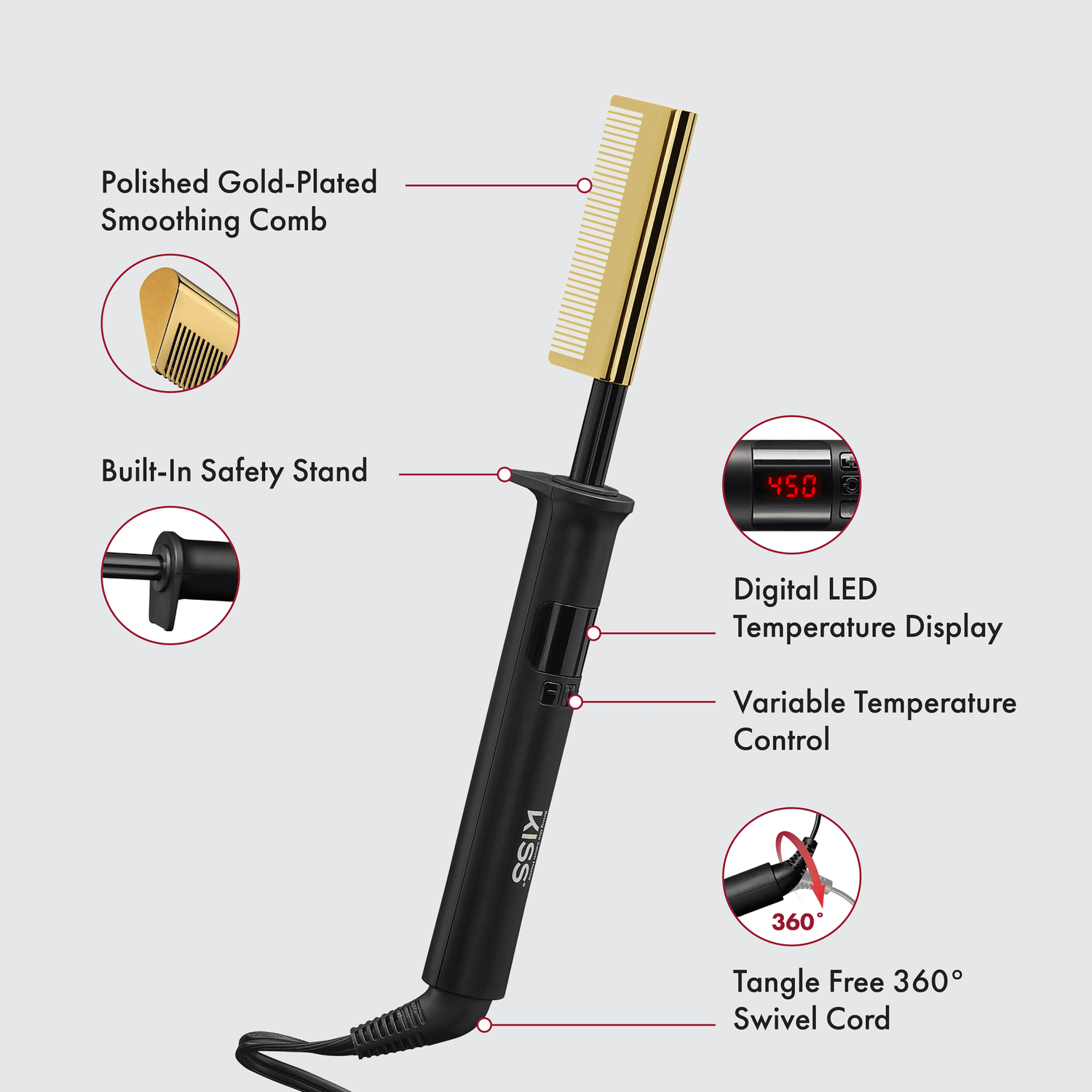 KISS Professional Pressing Comb with polished gold-plated smoothing comb, black handle, built-in safety stand, digital LED temperature display, variable temperature control, and tangle-free 360° swivel cord.