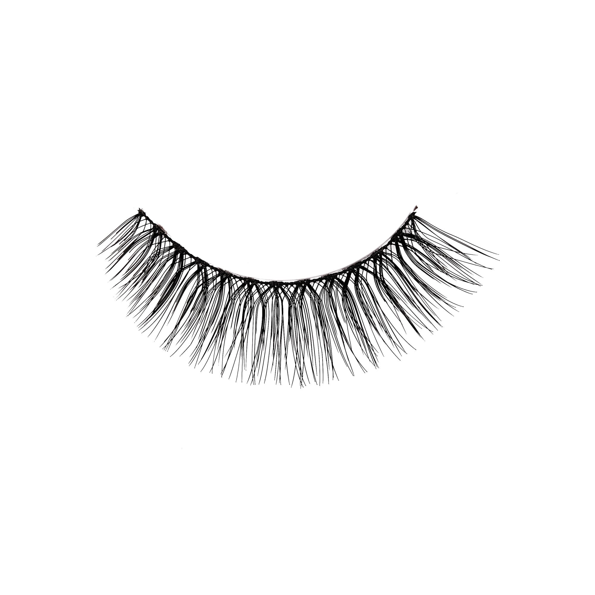 Single black false eyelash with a natural style, showing fine, evenly spaced strands fanning out on a white background.