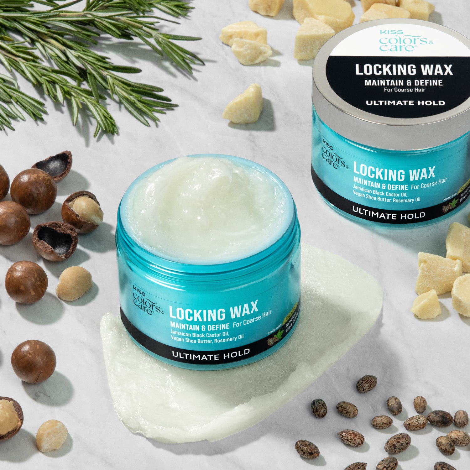 Two open and closed turquoise jars of Kiss Colors &amp; Care Locking Wax for coarse hair with white wax visible inside.