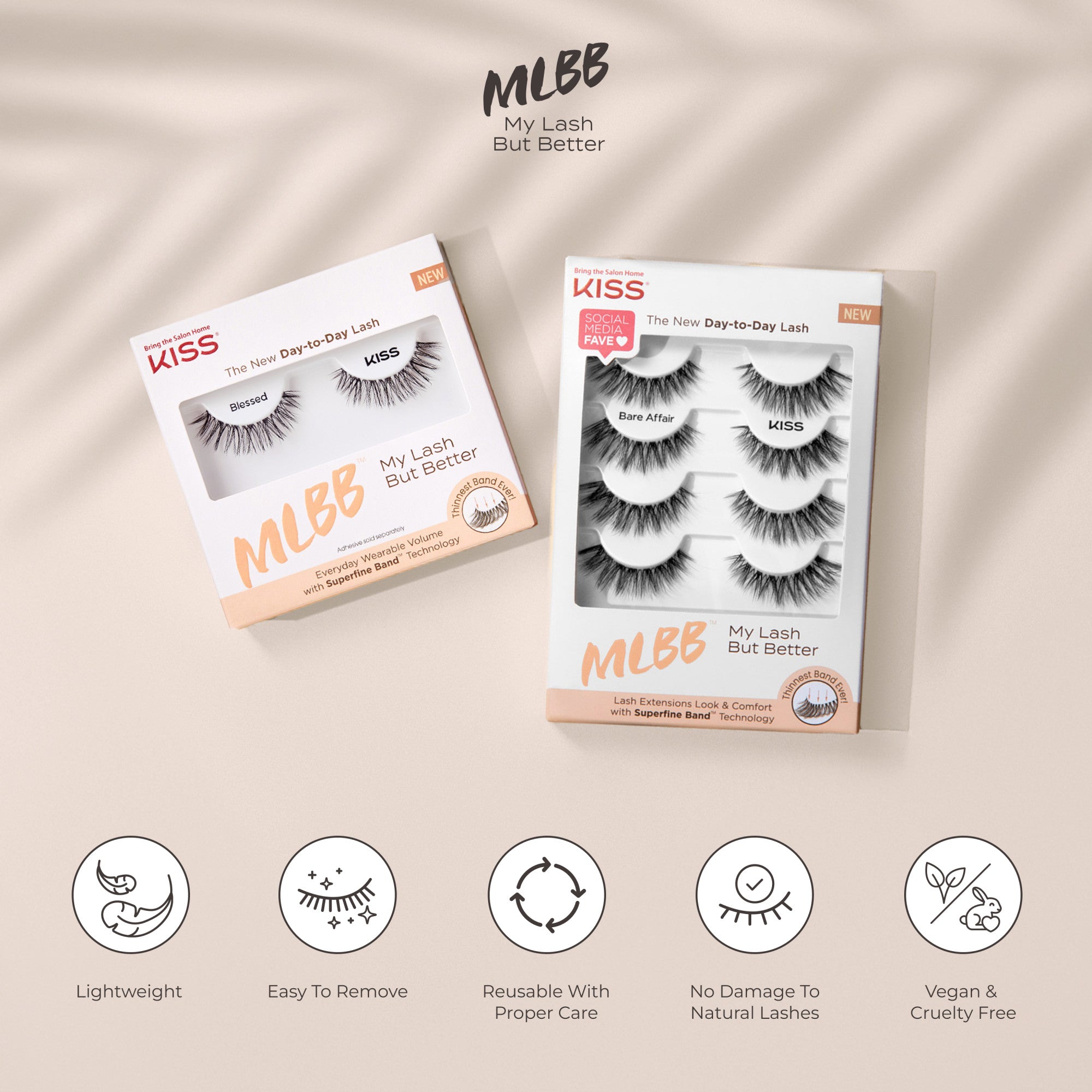 Two KISS My Lash But Better eyelash packs on a soft beige background. Left pack contains one pair named \