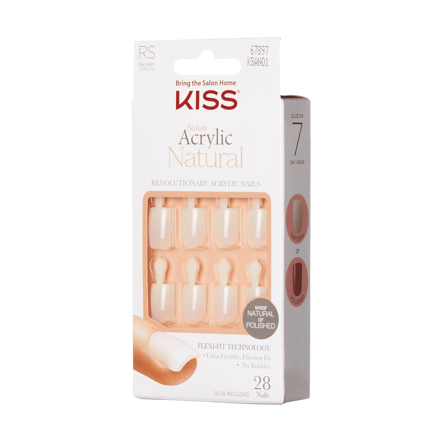 KISS Salon Acrylic Natural press-on nails packaging showing 28 real short length natural nails with glue included, highlighting Flexi-Fit technology for a flexible, flawless fit.