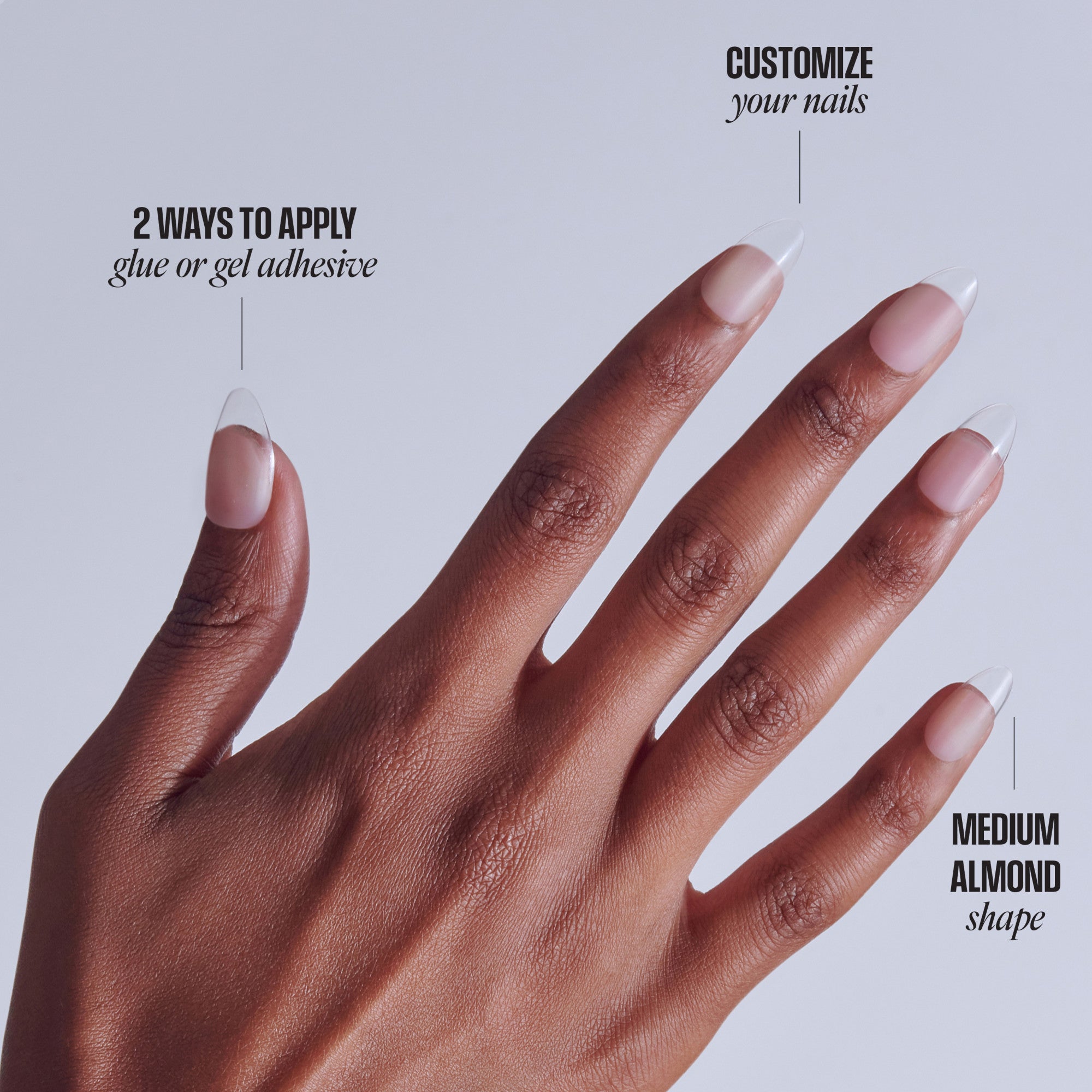 Customizable press-on nails in medium almond shape with pink and white ombre design.