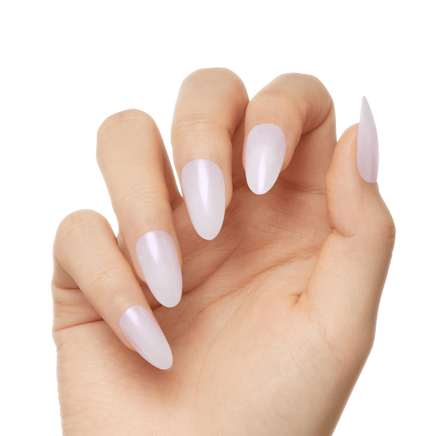 Hand showing five long, almond-shaped press-on nails in a translucent pearly white color with a glossy finish.