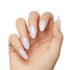 Hand showing five long, almond-shaped press-on nails in a translucent pearly white color with a glossy finish.