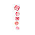 Five decorative heart-shaped lip balms in pink and red shades with glitter and patterns.