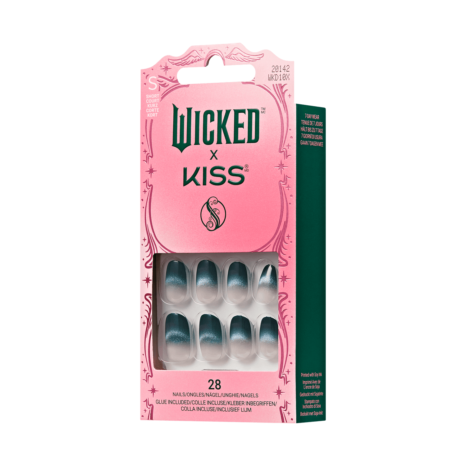 Pink and green box of WICKED x KISS short press-on nails with a gradient blue glitter design, 28 nails included; glue is included.