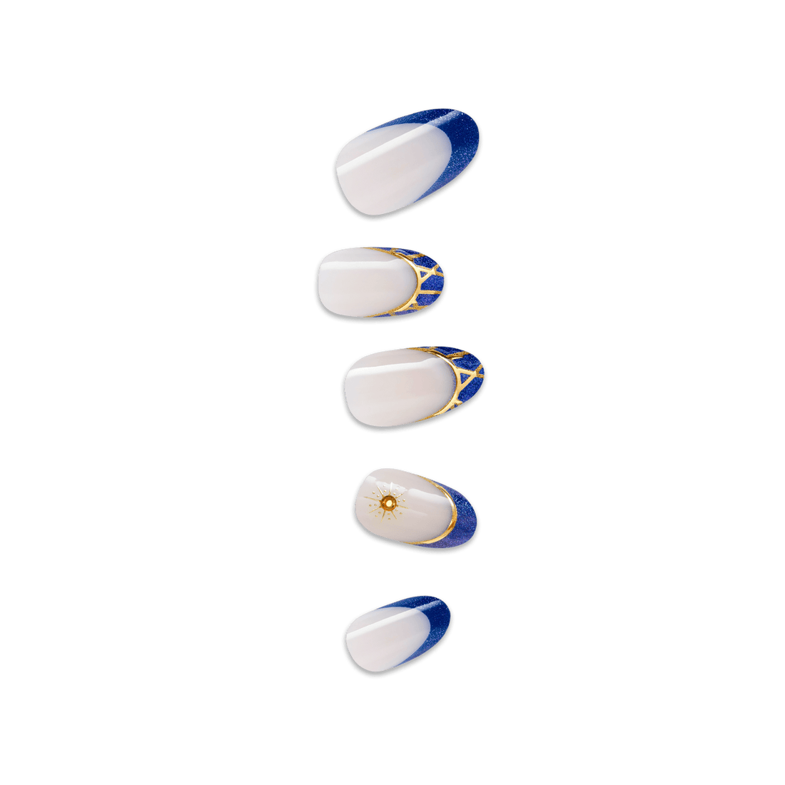 Five oval nail designs featuring blue and white colors with gold accents and celestial motifs.