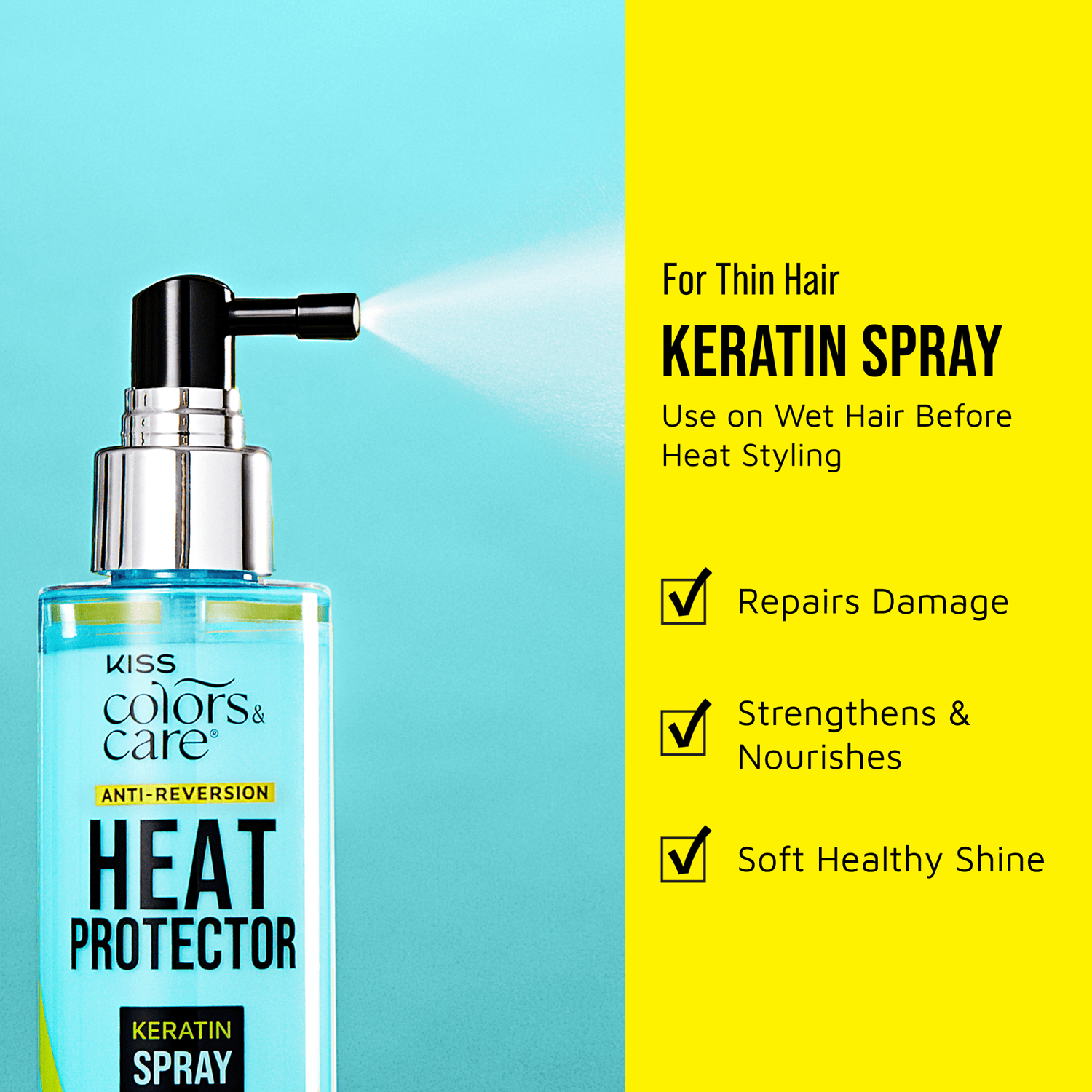 Clear blue bottle of KISS Colors &amp; Care Anti-Reversion Heat Protector Keratin Spray spraying mist, with text highlighting benefits for thin hair: repairs damage, strengthens, nourishes, adds shine.