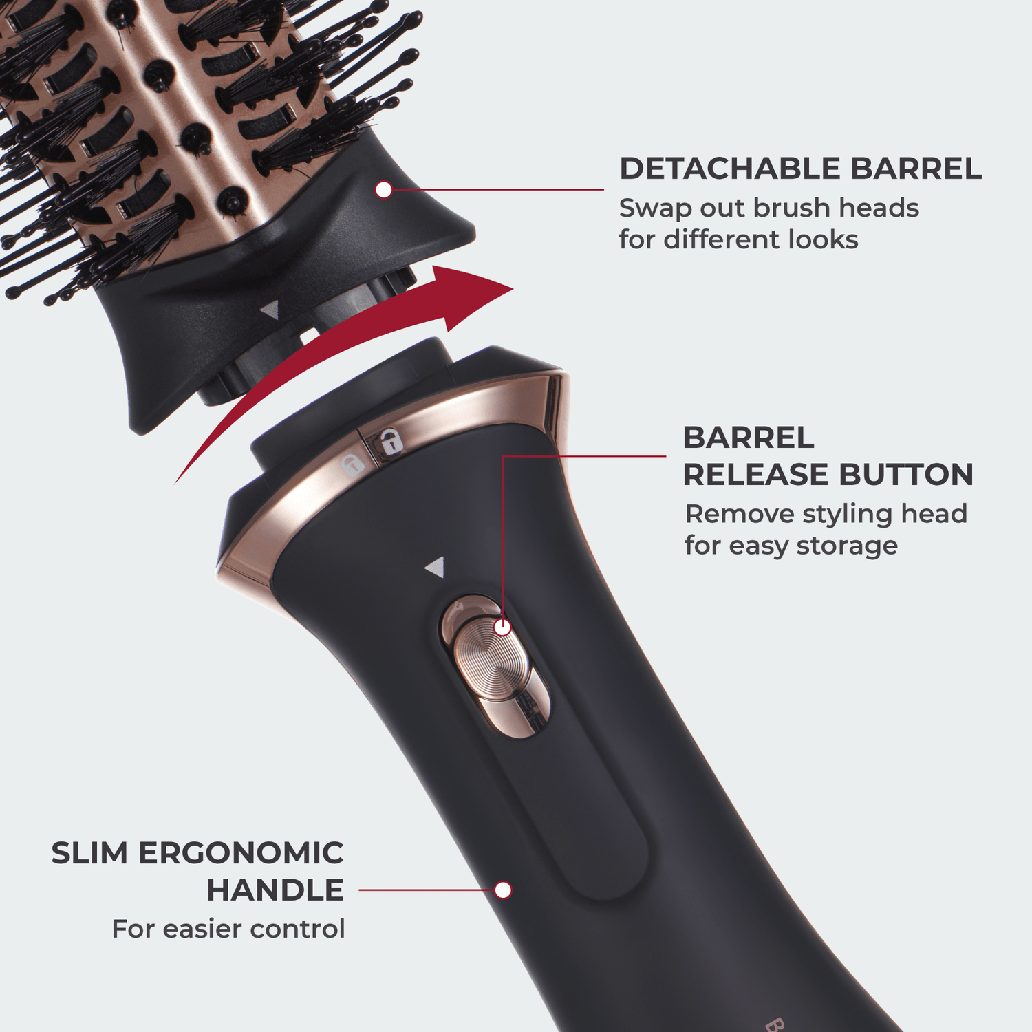 Black and rose gold KISS Volume Boosting Air Brush showing detachable round barrel with bristles, barrel release button, and slim ergonomic handle for easy control.