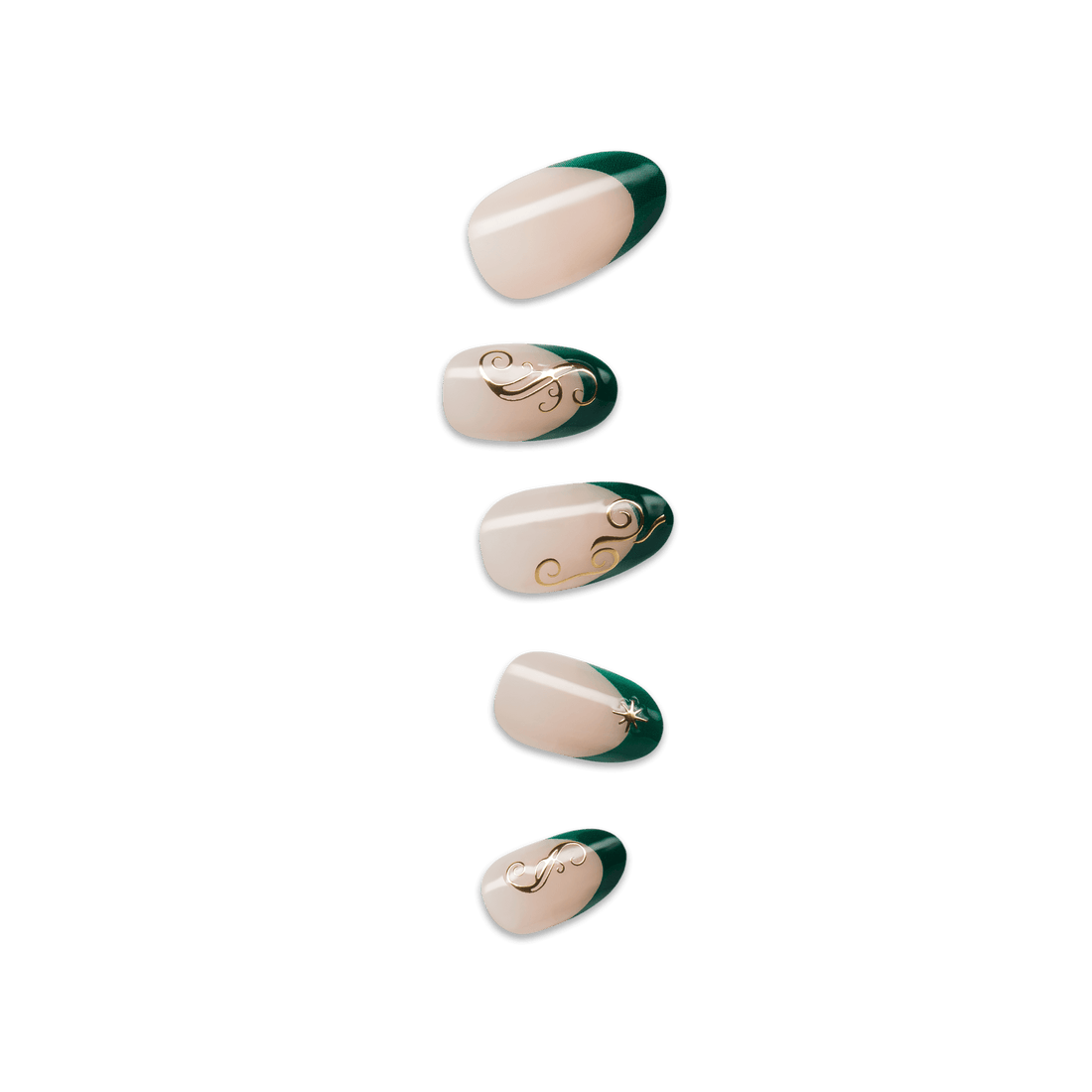 Set of five press-on nails with beige and dark green diagonal color blocking, featuring gold decorative swirls and a small star embellishment on one nail.