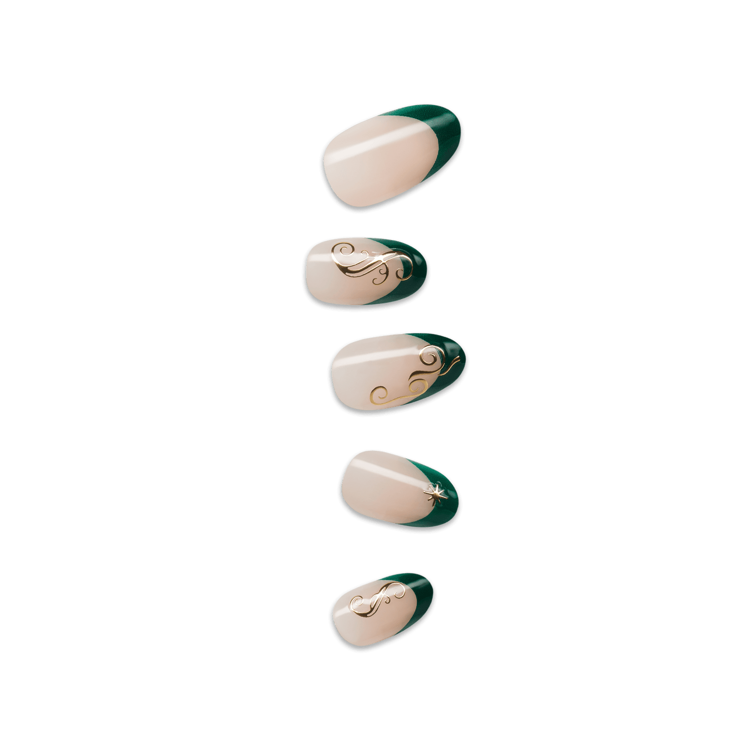 Set of five press-on nails with beige and dark green diagonal color blocking, featuring gold decorative swirls and a small star embellishment on one nail.