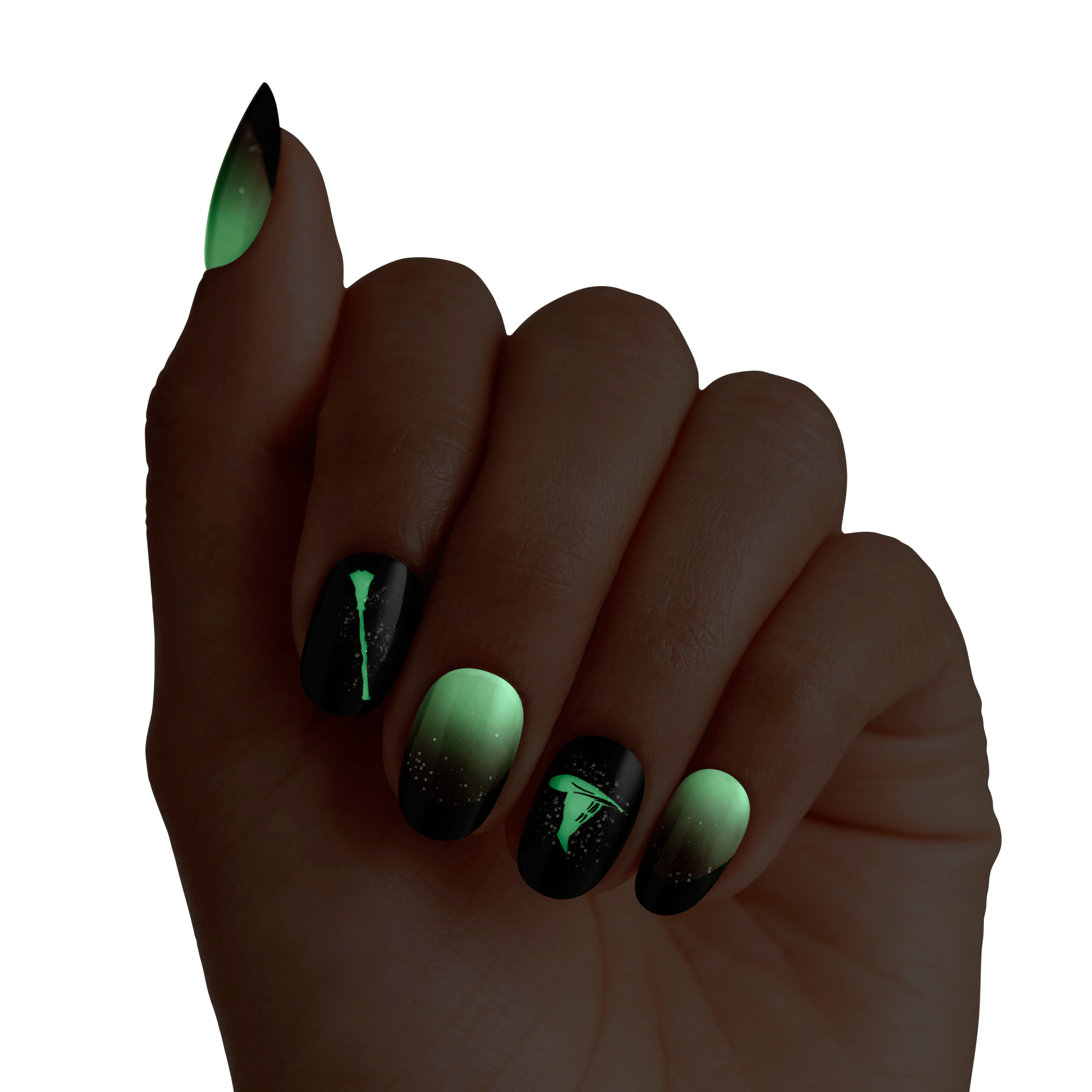 Black and mint green nails with geometric designs and glitter accents on dark skin.