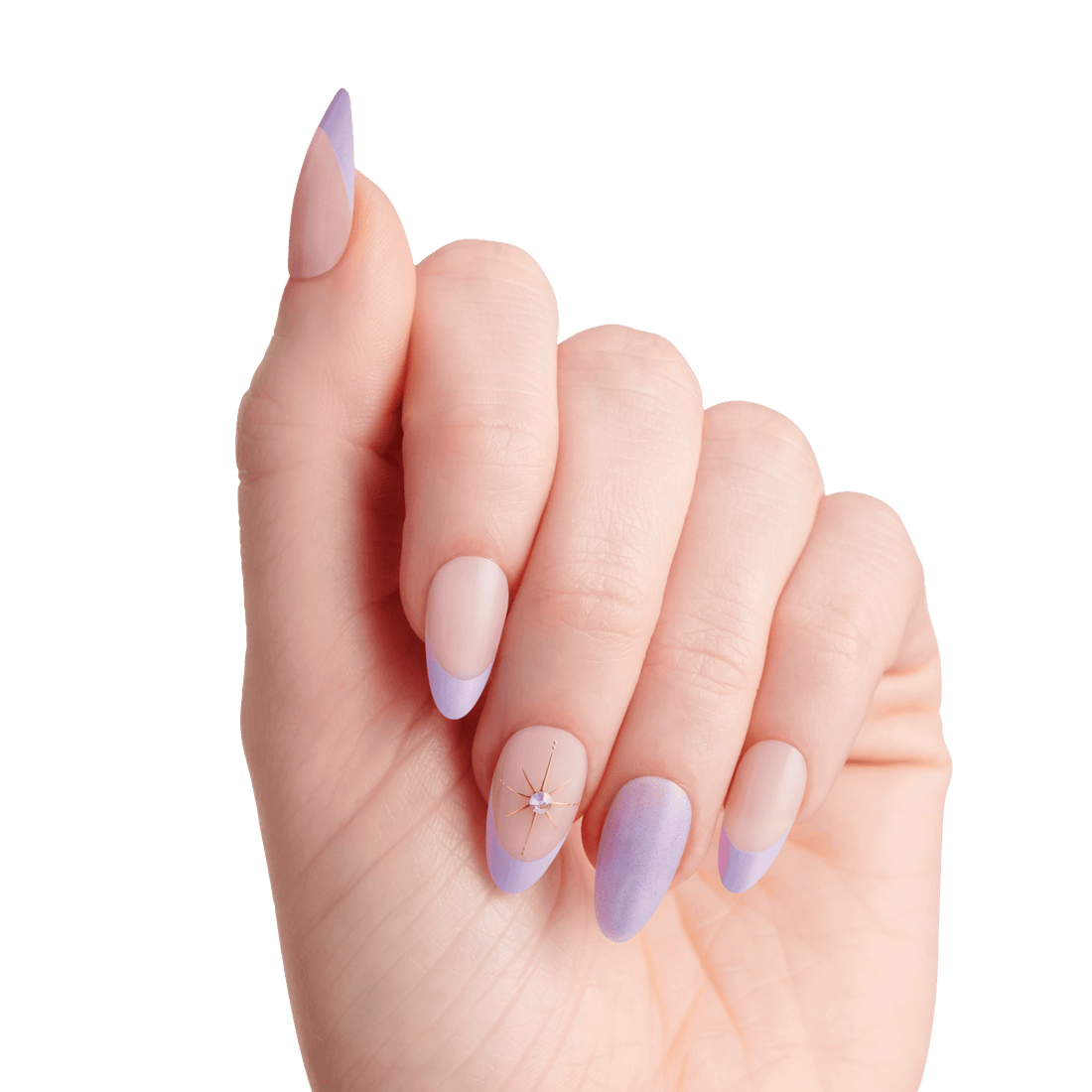 Hand with almond-shaped nails featuring a nude base and lavender tips, one nail with a lavender gradient and another decorated with a gold star design and a small gem.