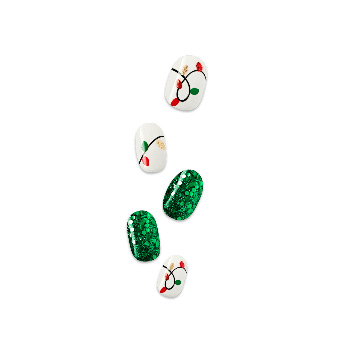 Impress Design Holiday No Glue Fake Press On Nails - Golden Carol | Design, Green &amp; White, Short, Oval, Manicure