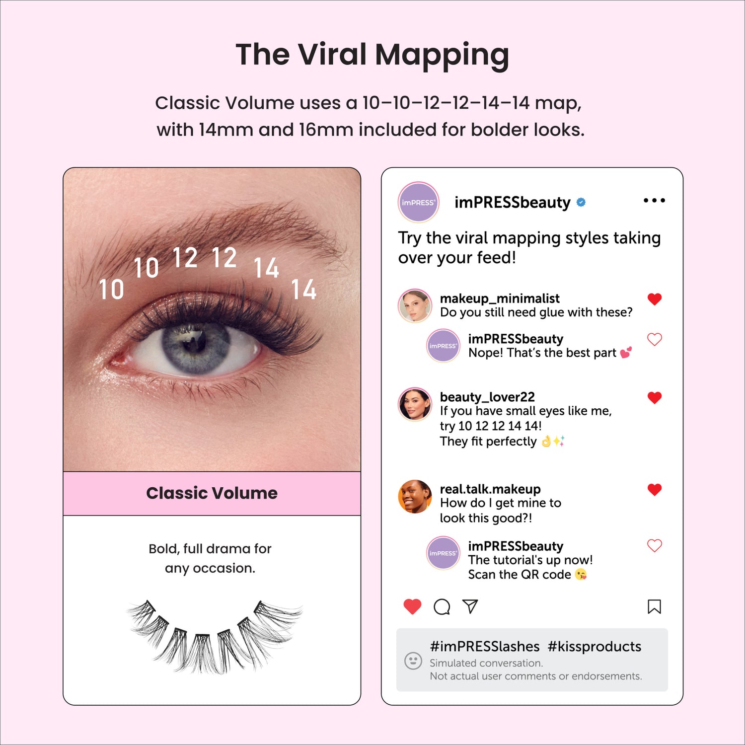 imPRESS Classic Volume lash mapping guide showing 10-12-12-14-14 sizing with Instagram comments.
