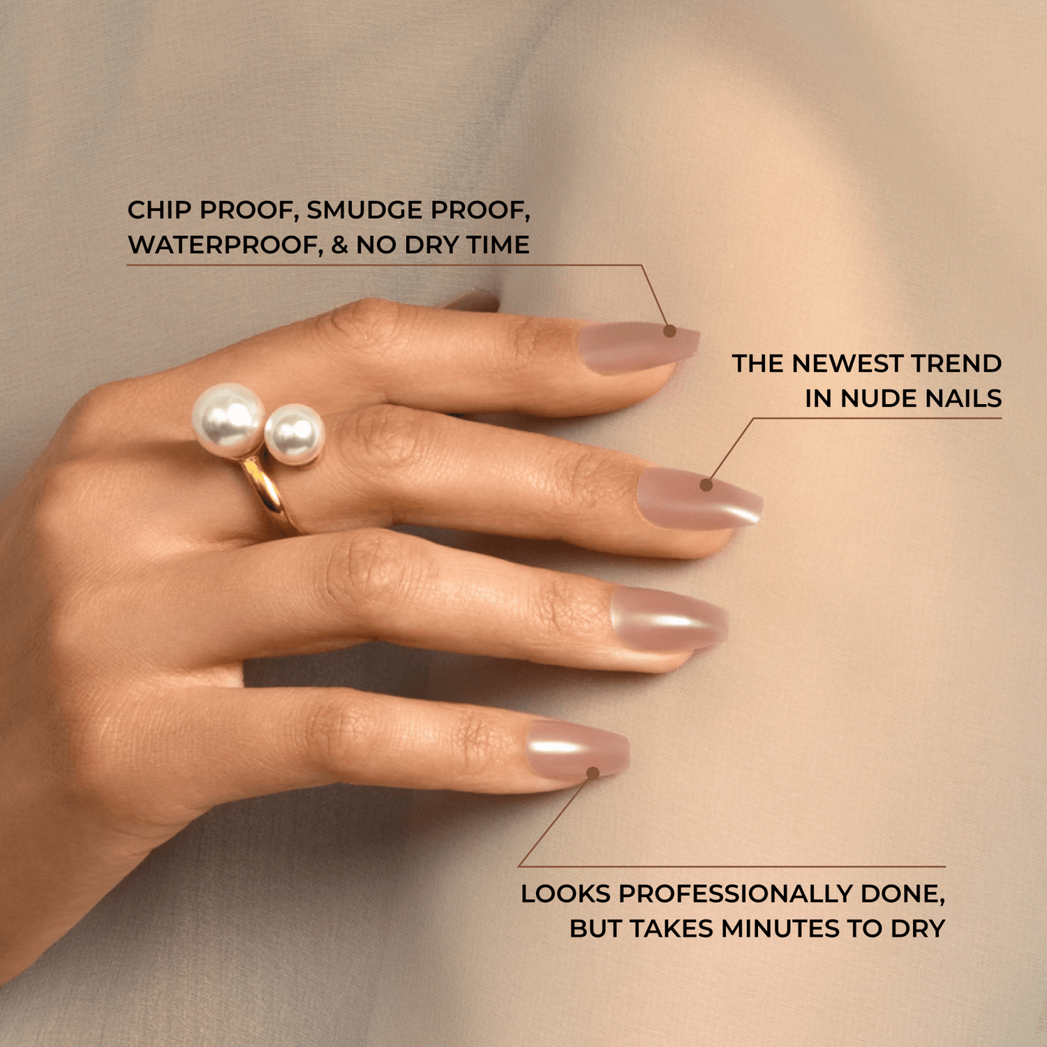 Hand with nude-toned press-on glue nails wearing a gold ring with two pearls, featuring text highlighting chip proof, smudge proof, waterproof, no dry time, and quick professional look.