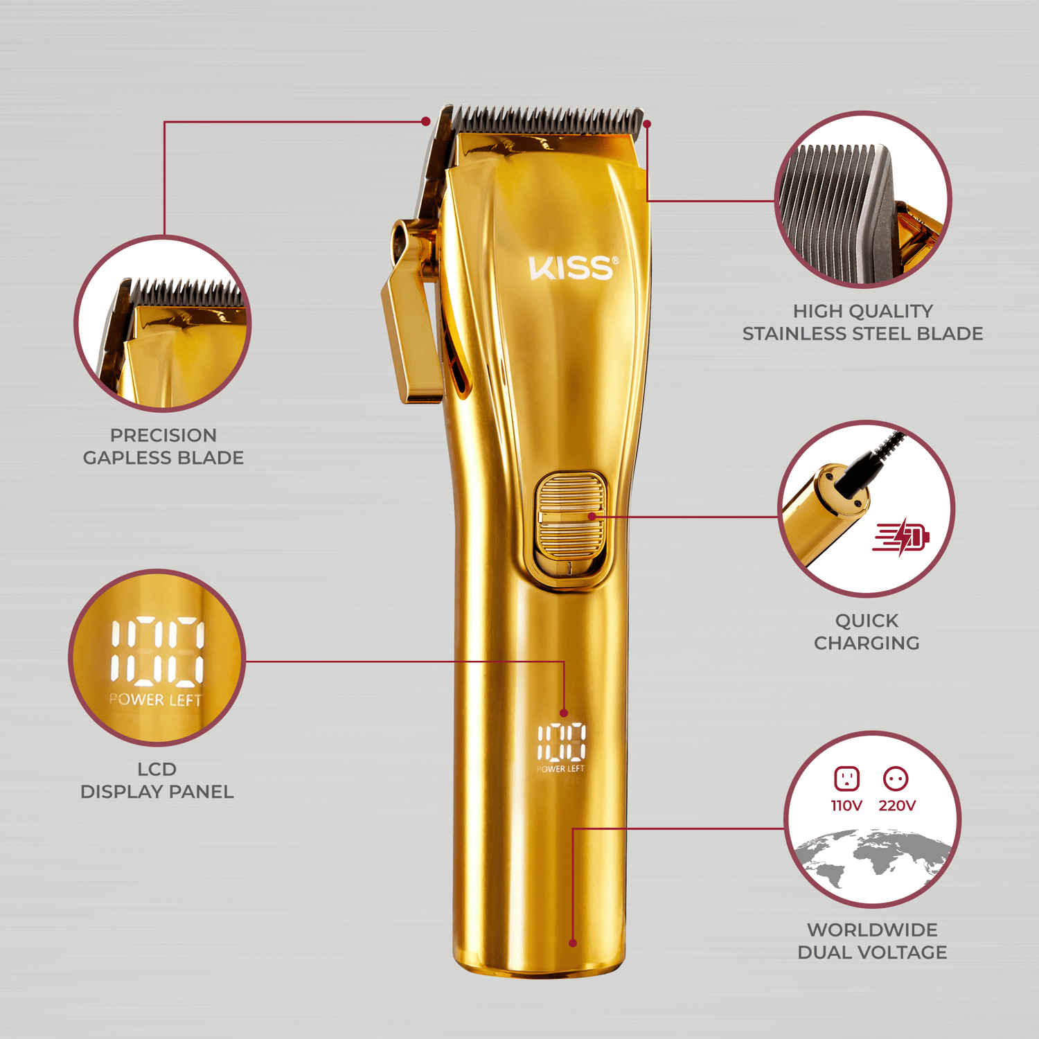 Gold cordless hair clipper with KISS branding, showing precision gapless stainless steel blade, LCD power display, quick charging, and dual voltage for worldwide use.