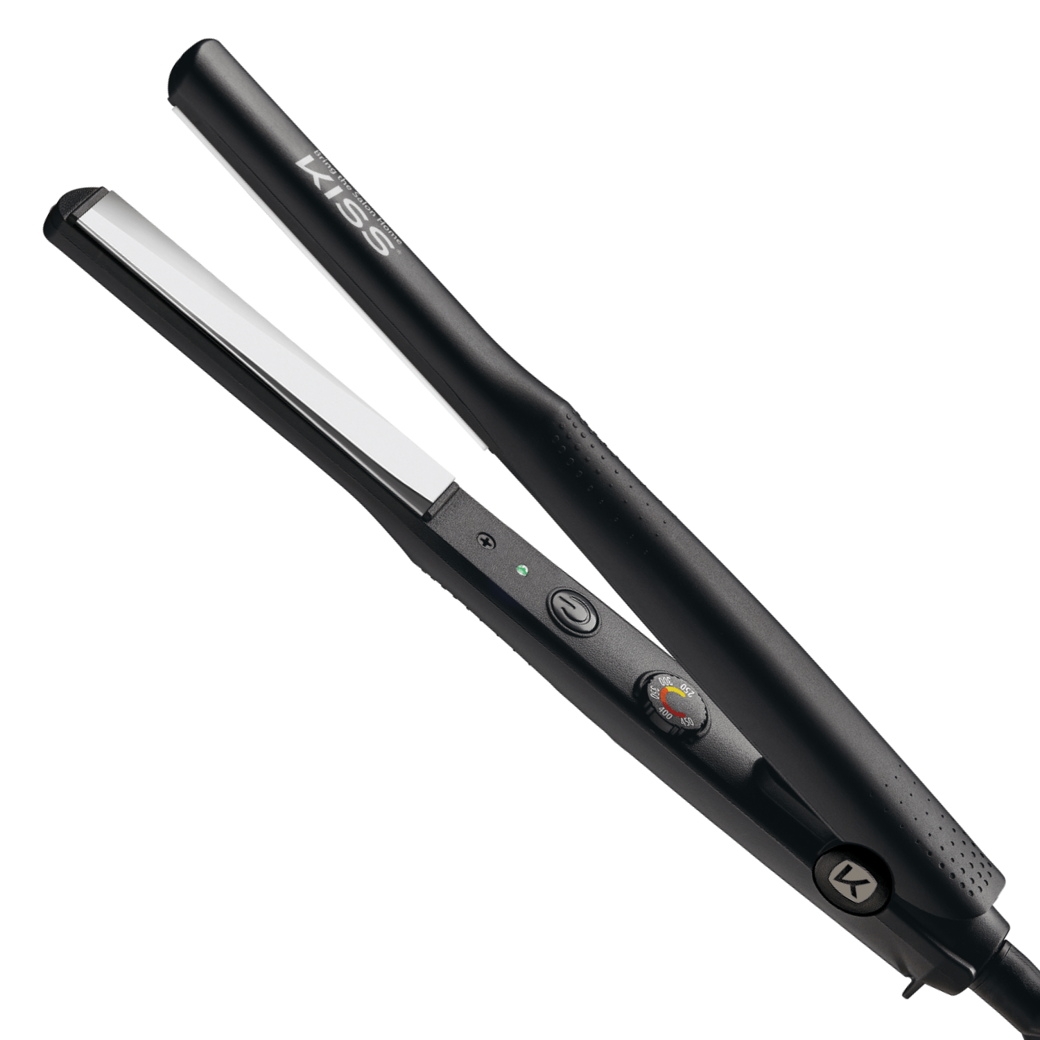 Black KISS Nano Titanium professional flat iron with 1/2 inch silver plates, power button, temperature dial marked up to 450°F, and green indicator light.