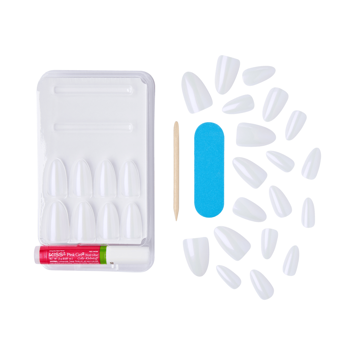 Set of glossy white press-on nails in various sizes, with clear plastic tray, red glue stick labeled \