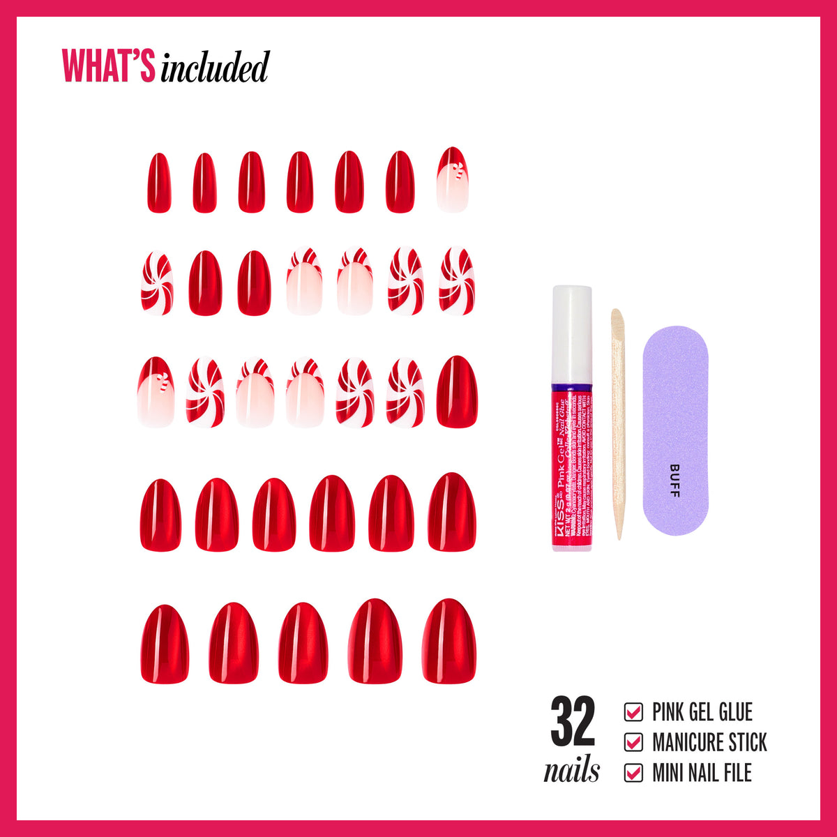 Kiss Merry Holiday Press On Fake Glue Nails - Jolly Dust | French Design, Red, Medium, Almond