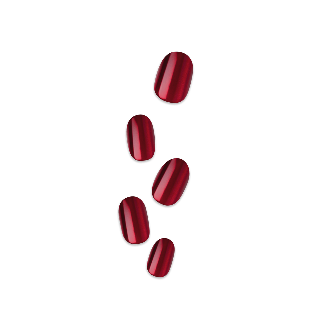 Set of five glossy, deep red press-on nails with a smooth, rounded square shape, shown against a transparent background.