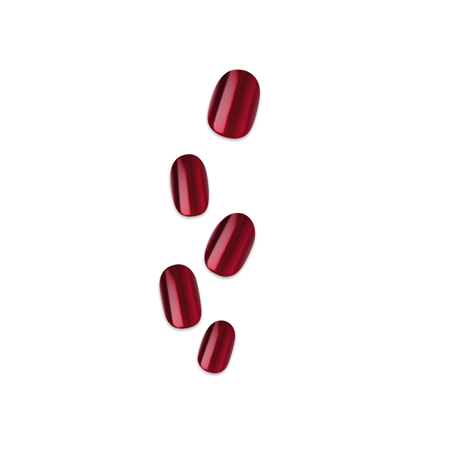 Set of five glossy, deep red press-on nails with a smooth, rounded square shape, shown against a transparent background.