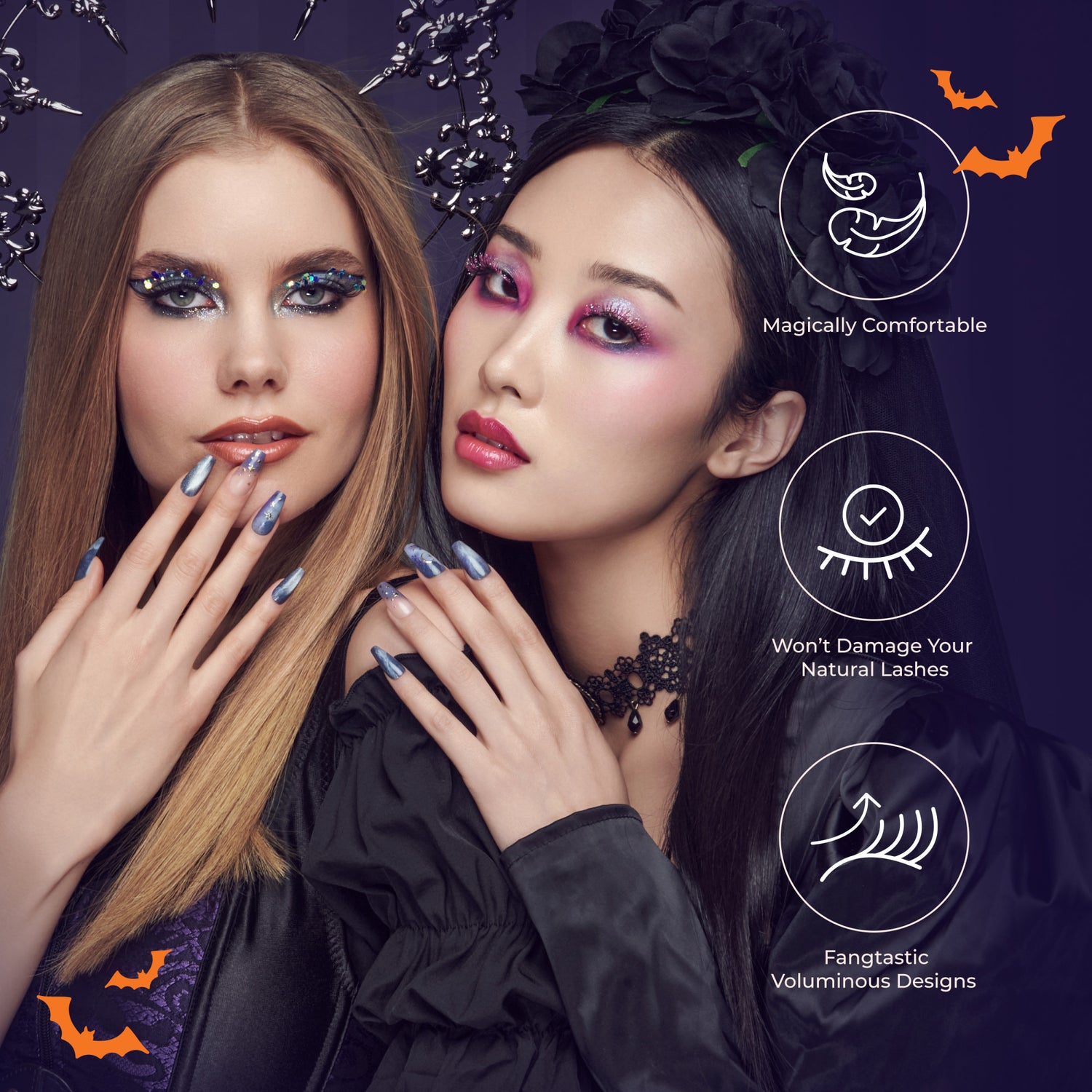 Two women wearing decorated false eyelashes in Halloween styles, one with sparkly blue and green lashes, the other with pink and purple lashes, both with bold eye makeup and nails.