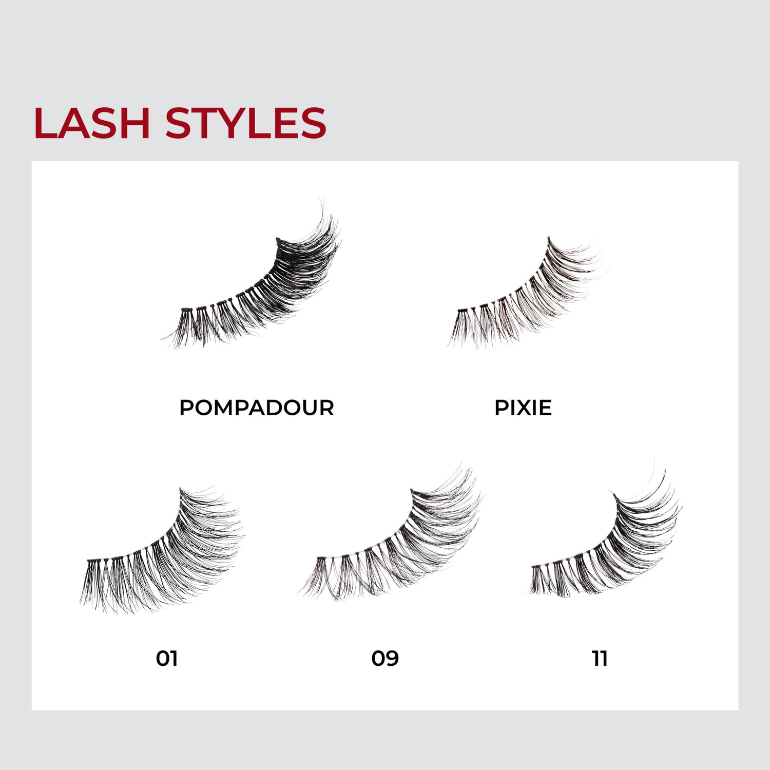 Four styles of black false eyelashes displayed on a white background labeled Pompadour, Pixie, 01, 09, and 11 with the headline \