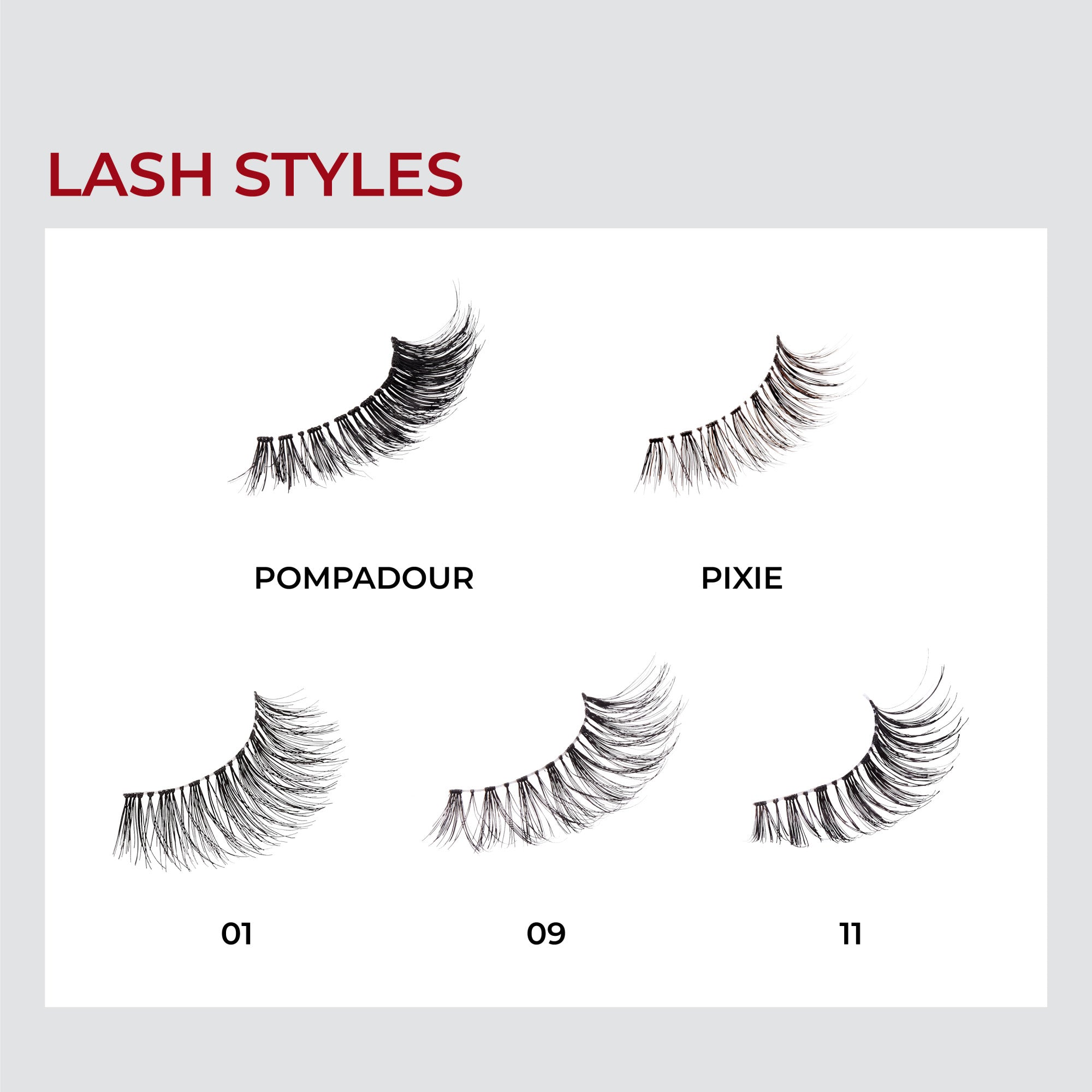 Four styles of black false eyelashes displayed on a white background labeled Pompadour, Pixie, 01, 09, and 11 with the headline \