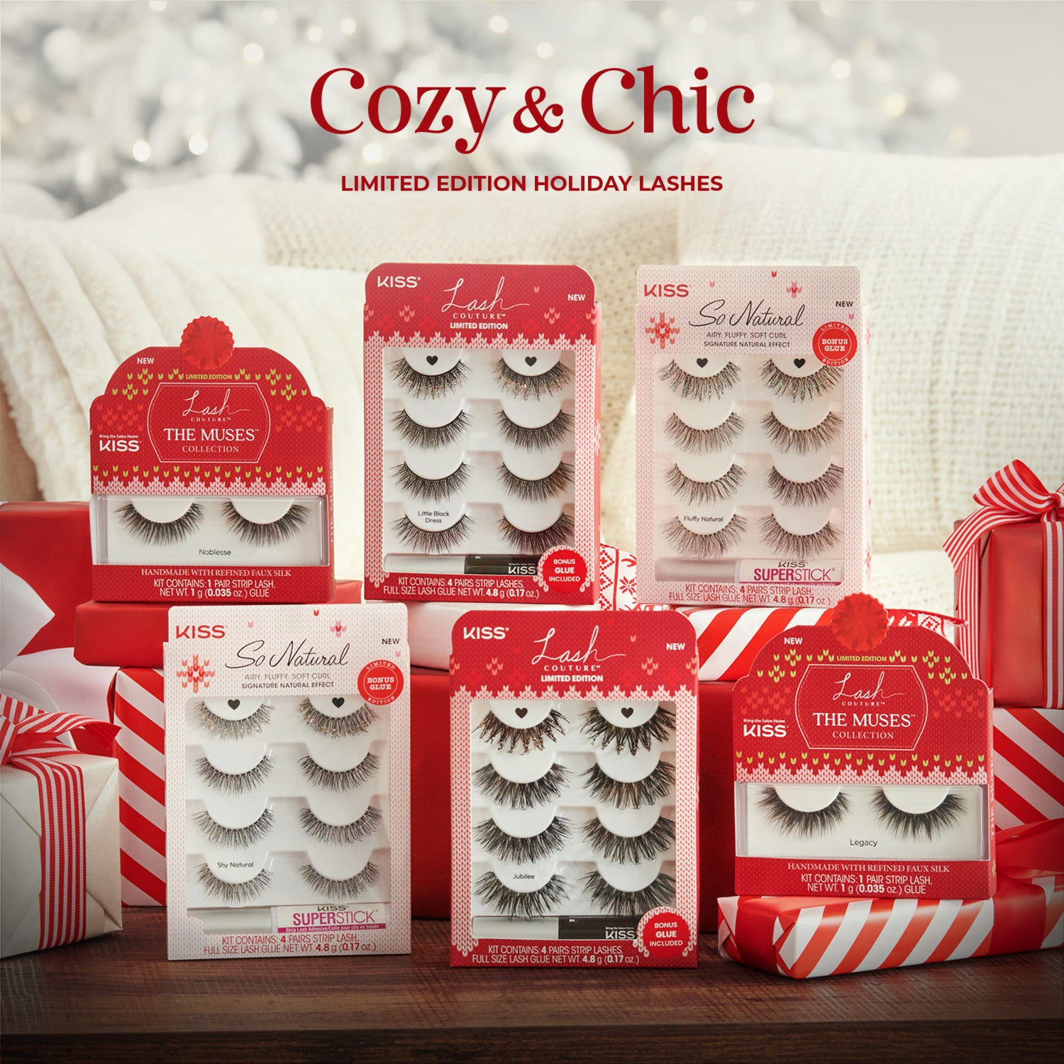 KISS Cozy &amp; Chic Limited Edition Holiday Lashes collection display with red packaging and gift boxes
