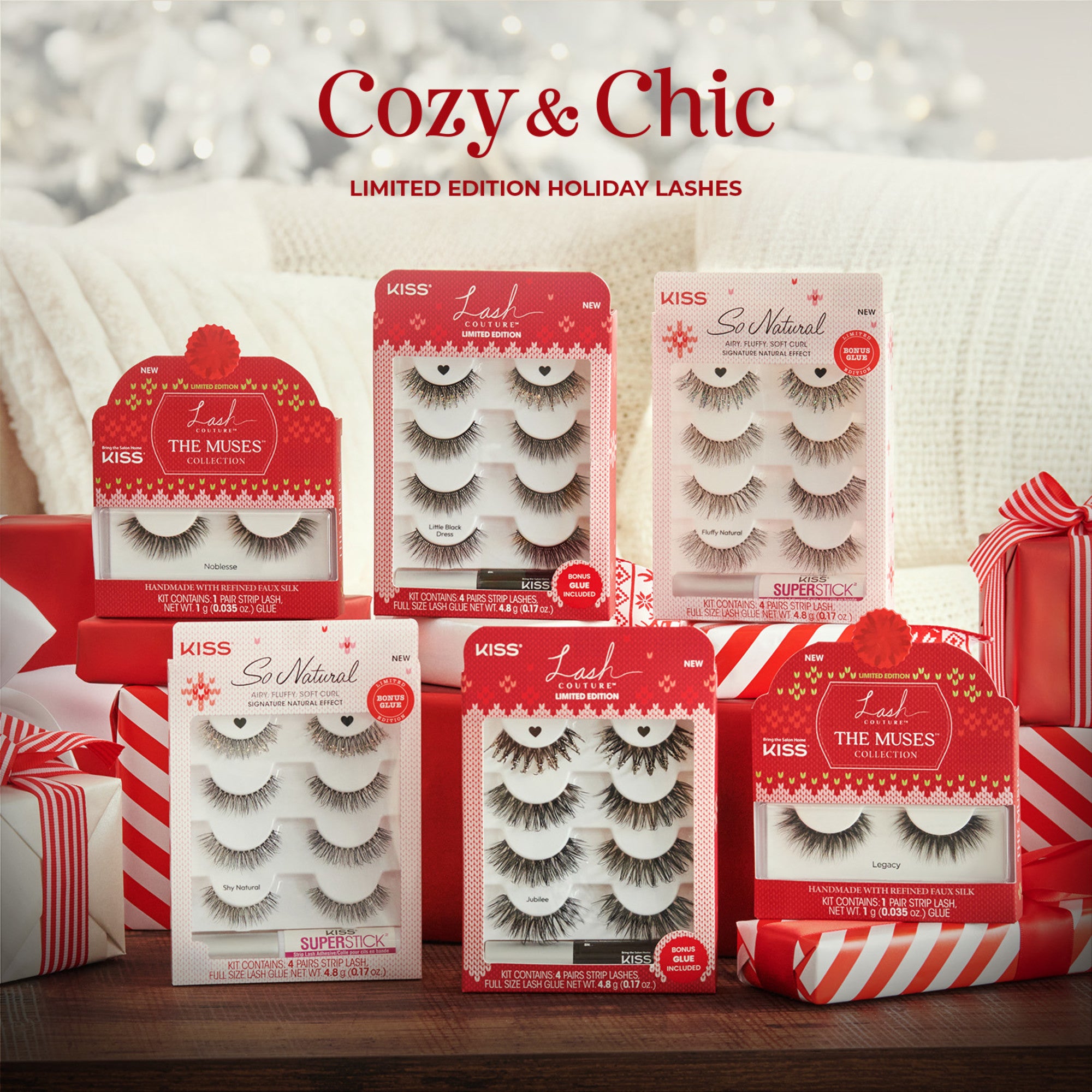 KISS Cozy &amp; Chic Limited Edition Holiday Lashes collection display with red packaging and gift boxes