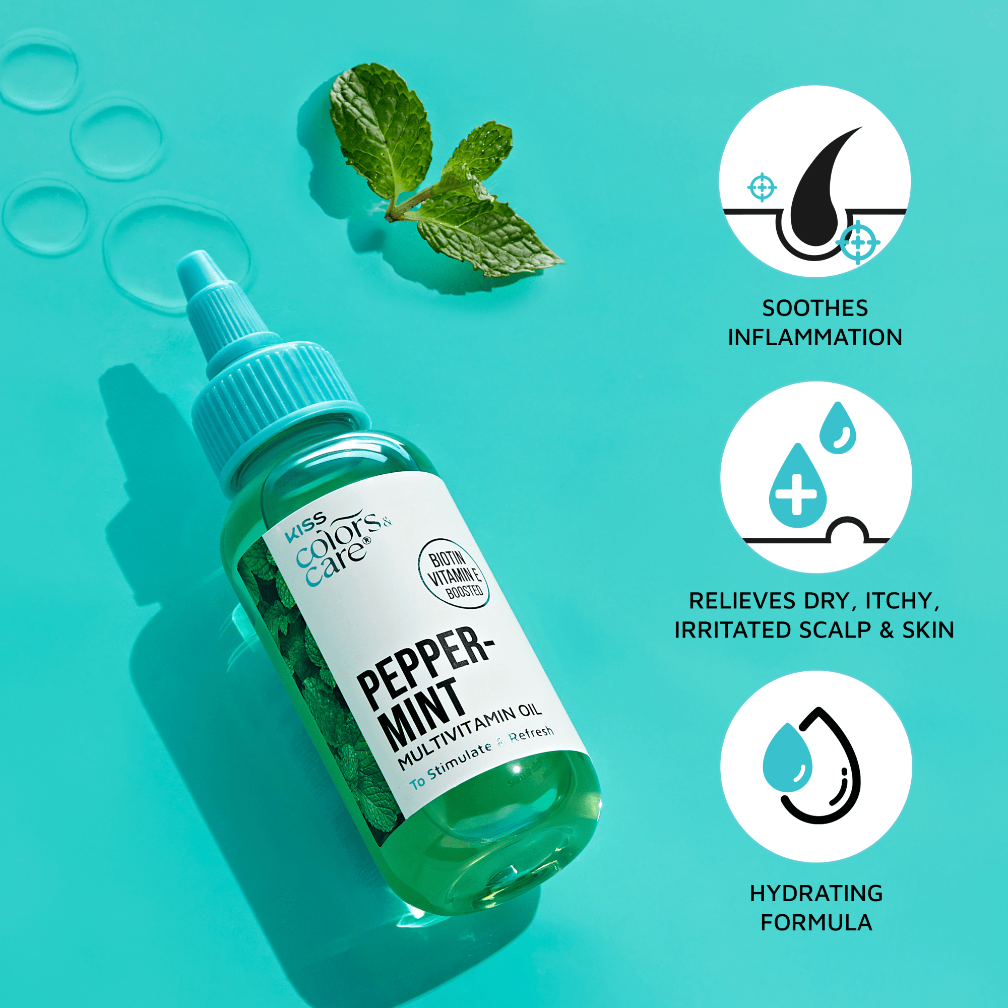KISS Colors &amp; Care Peppermint Multivitamin Oil bottle on turquoise background with mint leaves, highlighting soothing, relieving, and hydrating benefits.