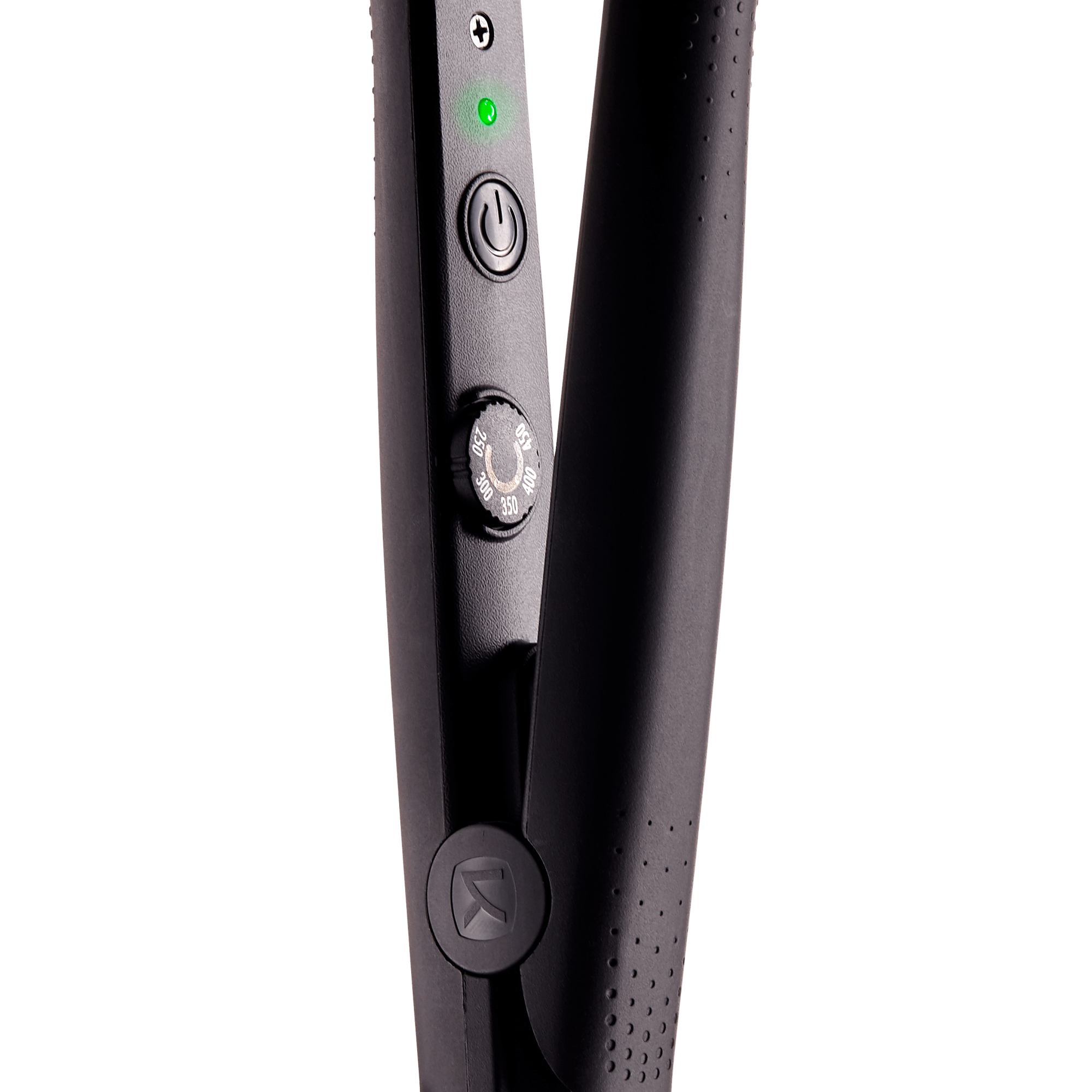 Close-up of the black KISS Nano Titanium professional flat iron showing the on/off button with green light and a temperature dial marked from 220°F to 400°F.