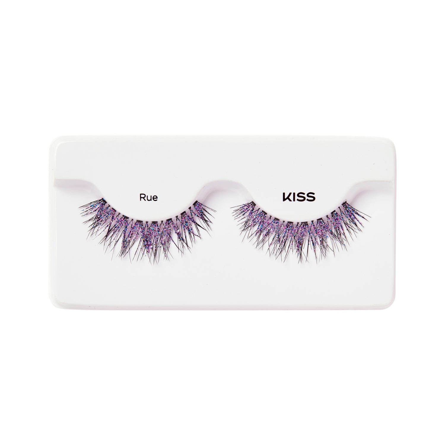 Pair of black false eyelashes with pink and blue glitter spikes, displayed in white plastic tray labeled \