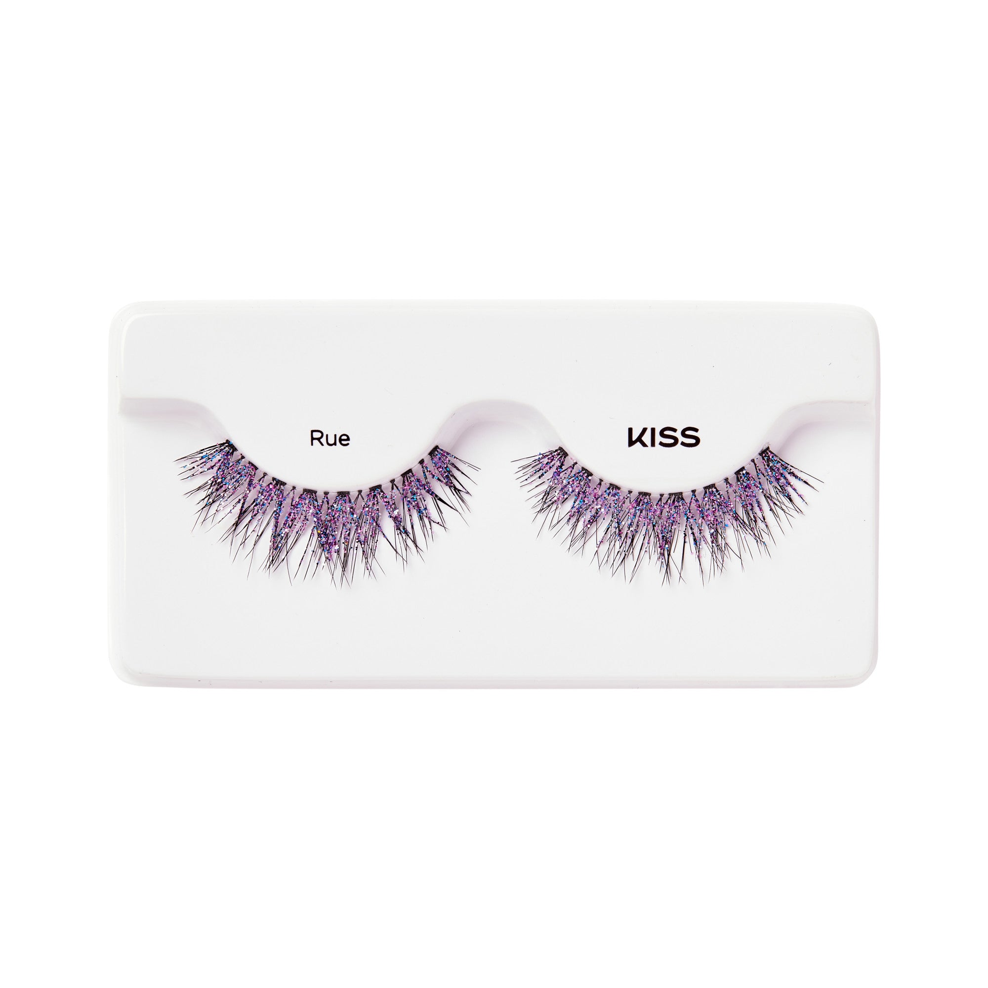 Pair of black false eyelashes with pink and blue glitter spikes, displayed in white plastic tray labeled \