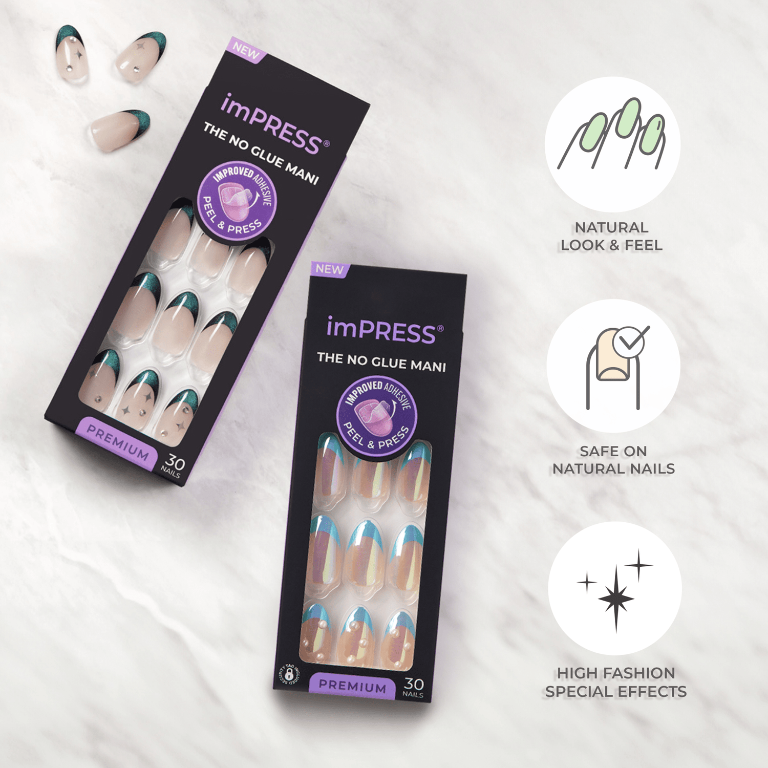 Two imPRESS Premium Press On Nails packages show 30 nails each with improved adhesive, peel-and-press application. One set has nude nails with dark teal tips and small star and gem accents. The other set features iridescent nails with blue tips and pearl-like embellishments.
